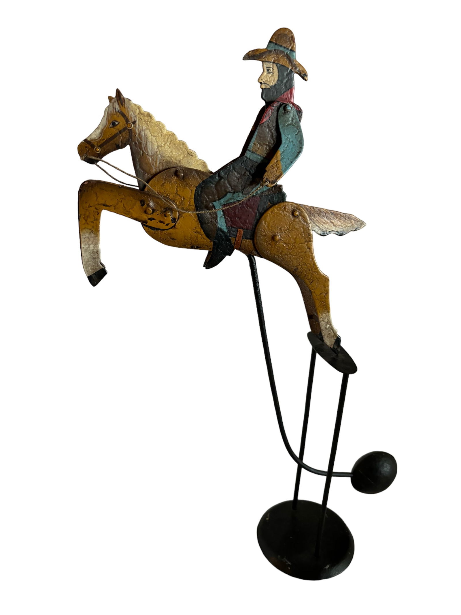Vintage Cowboy & Horse Pendulum Toy: Vintage folk art metal rocking cowboy and bucking horse. Articulated. Metal base 2pc. Bucks like a pro! 13x19.5 ! Please see terms and conditions for 3rd party shipping/mover information, 15% buyers p