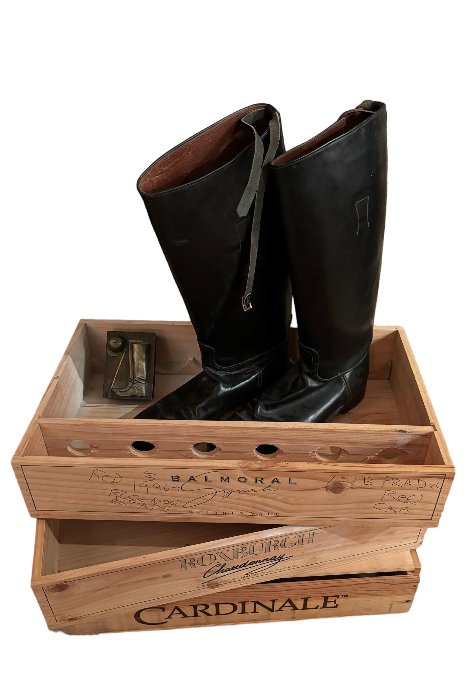English Riding Boots & More: Pair of black English Riding boots, sz 11, hand painted riding boot motif trinket box, and 3 wine crates. ! Please see terms and conditions for 3rd party shipping/mover information, 15% buyers premium