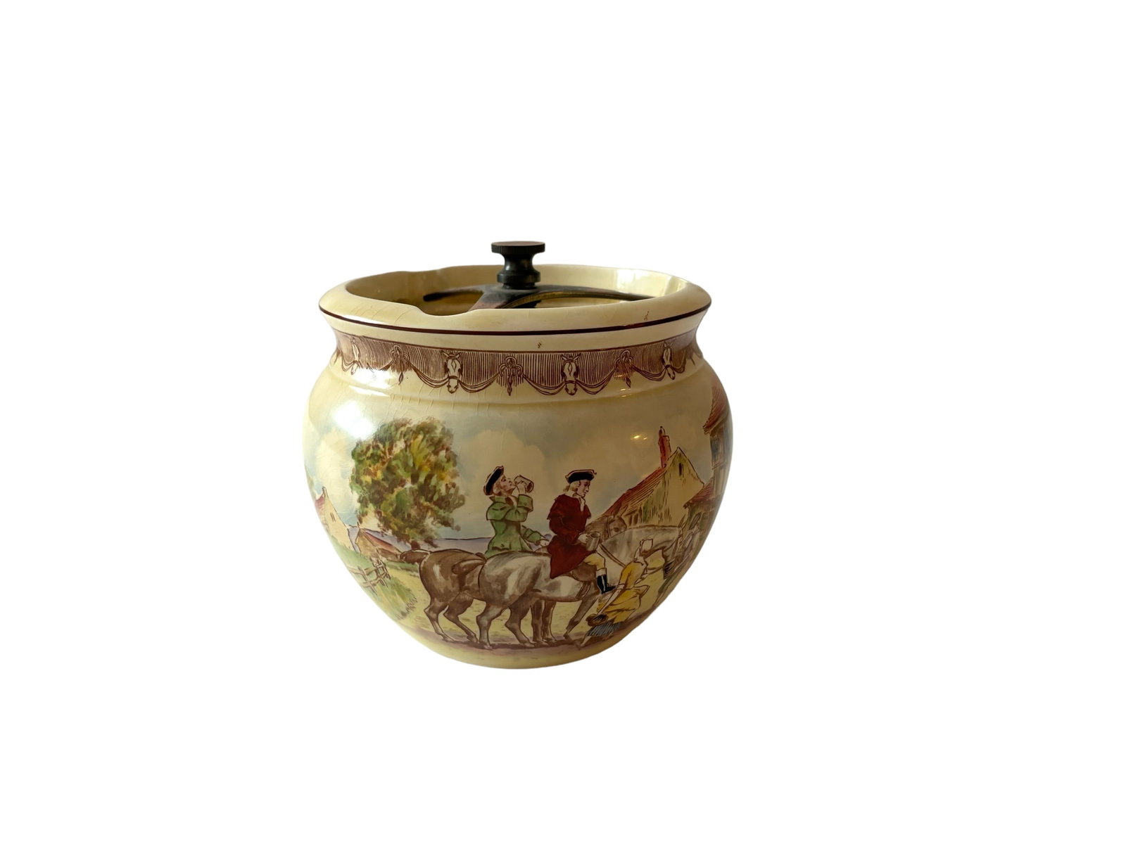 Royal Winton Tobacco Jar: Vintage Grimwades "Happy Days" made in England tobacco jar with lid and metal twist closure handle. Royal Winton 7" diameter ! Please see terms and conditions for 3rd party shipping/mover information,