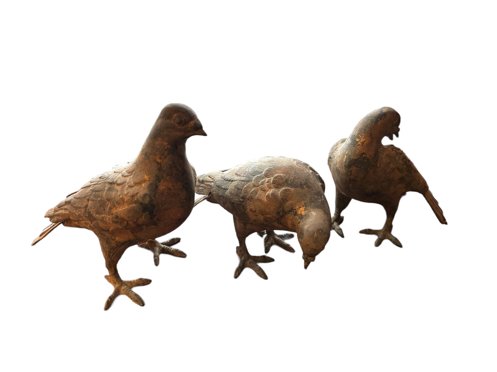 Grouping of Iron Pigeons: 3 Heavy weight iron birds (3) various poses. Nice patina! 6.1/4 x 7" tallest ! Please see terms and conditions for 3rd party shipping/mover information, 15% buyers premium, condition terms, and other 
