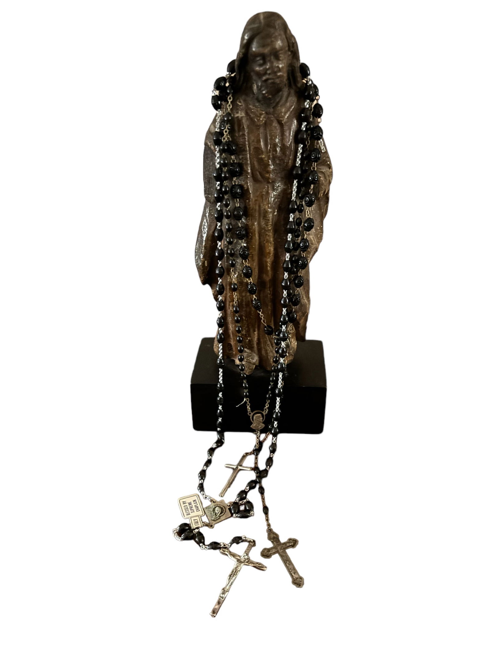 Vintage Santos & Rosaries: Vintage carved wood Santos on base with 3 Rosary beads 11" tall ! Please see terms and conditions for 3rd party shipping/mover information, 15% buyers premium, condition terms, and other important inf