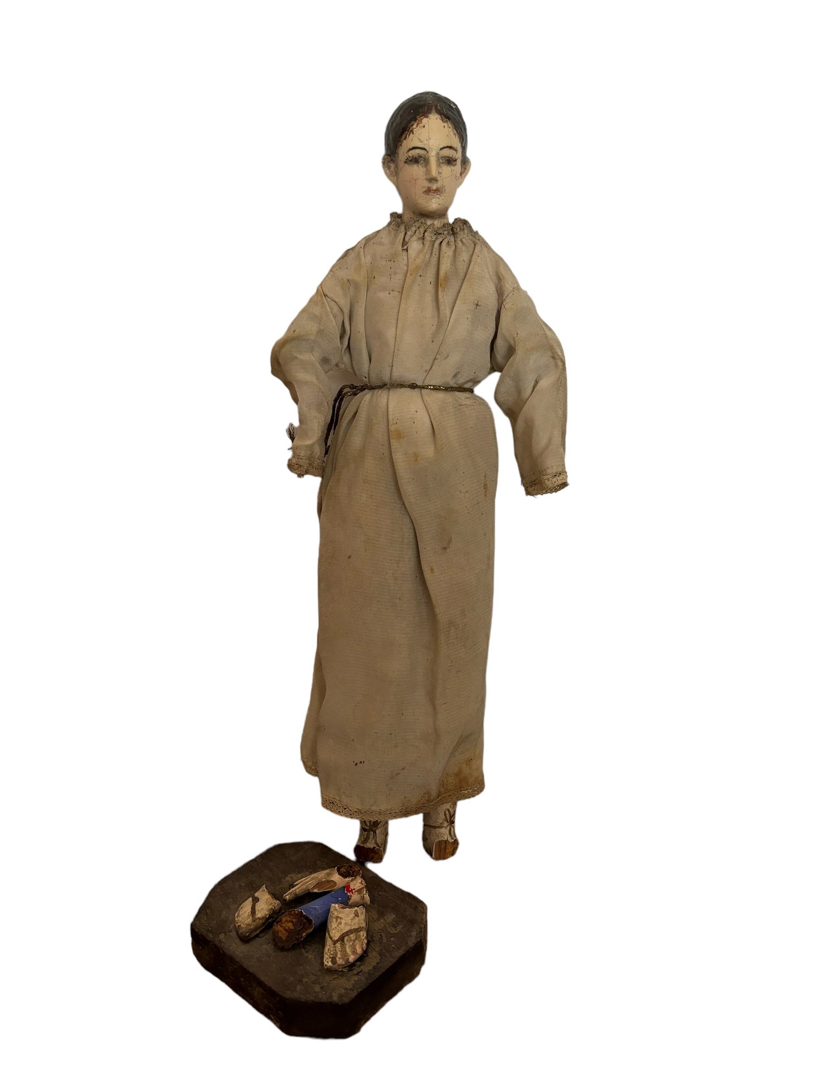 Antique Santos Figure: Antique hand painted wood Santos figure, as found. 16" base detached with base 17" tall ! Please see terms and conditions for 3rd party shipping/mover information, 15% buyers premium, condition terms,