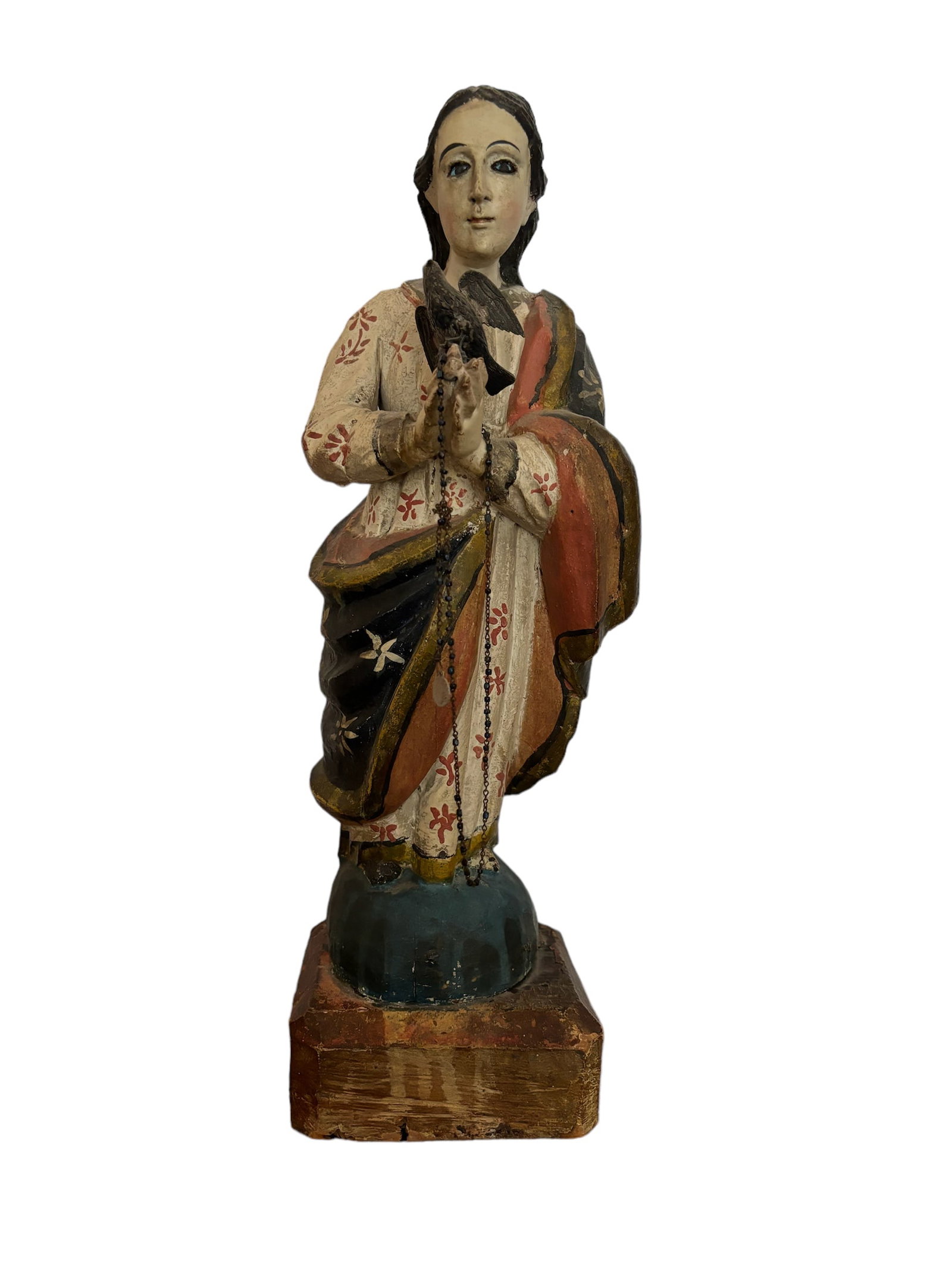 Santos Figure of Virgin Mary with Dove: Spanish Colonial Santos Figure of Virgin Mary with Dove, circa 19th century, carved wood, gesso, polychrome. Appraised at FMV $320.00 14" ! Please see terms and conditions for 3rd party shipping/mover