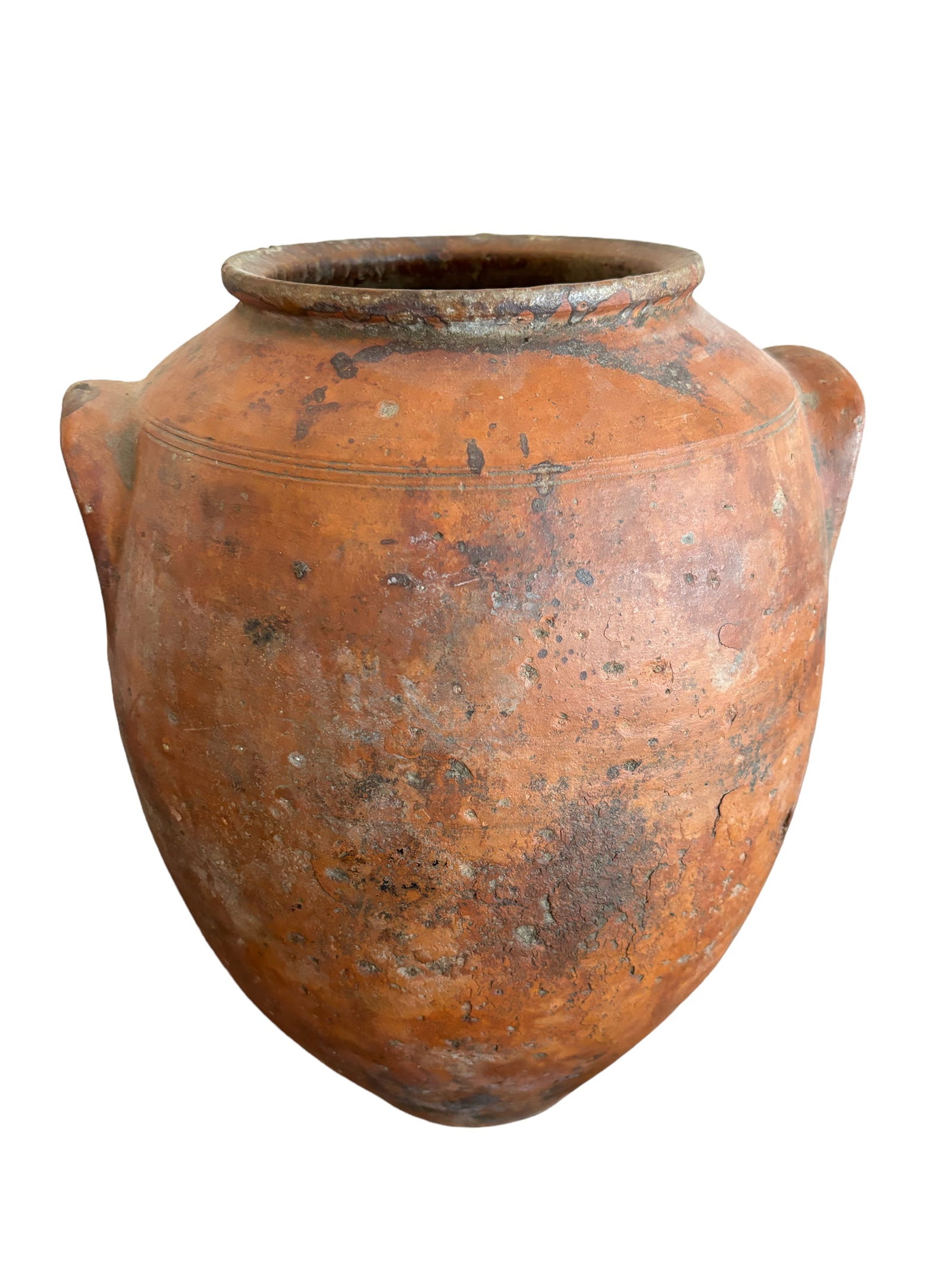 Terra Cotta Vessel: Distressed finish, self handle, Terra Cotta vessel/vase. 11x15" tall ! Please see terms and conditions for 3rd party shipping/mover information, 15% buyers premium, condition terms, and other importan