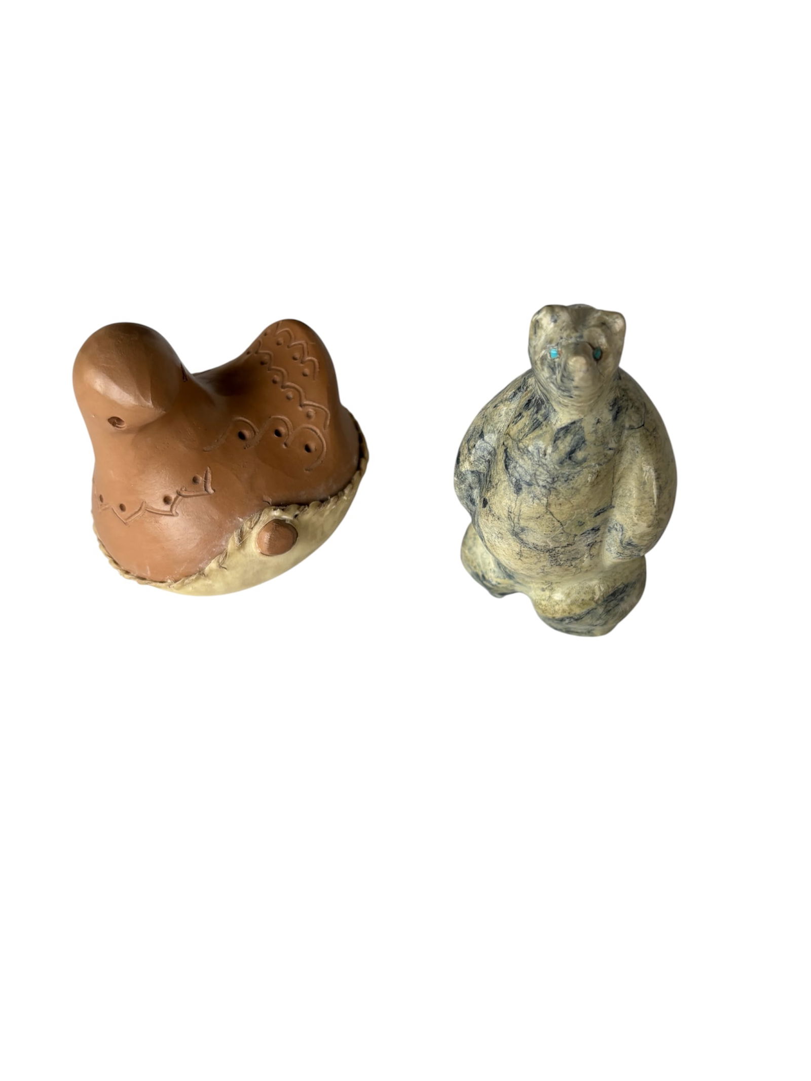 Zumi Bear Fetish & Ocarina Clay Bird: Collectible miniatures, including Zumi Bear in teal and beige marbleized polished finish and Ocarina bird in terra cotta tones.