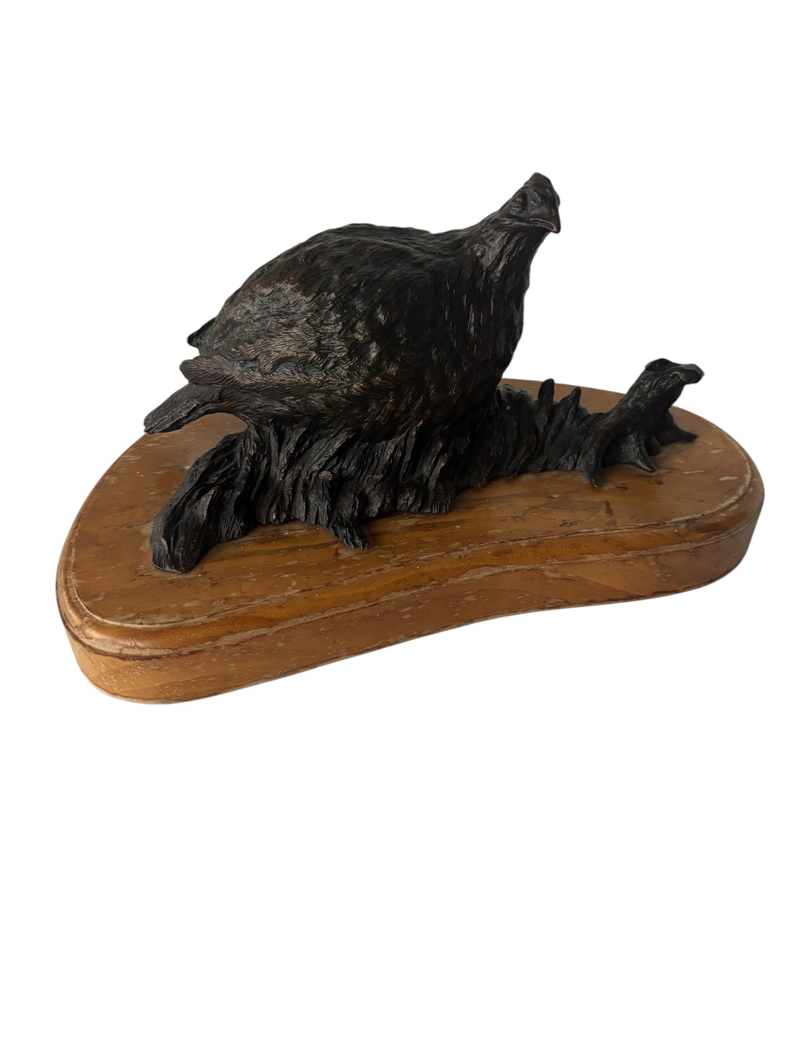Mike Elwell Quail Bronze: Quail bronze sculpture on wood base by Mike Elwell signed on base. Gift from Mike Elwell before we moved from Lawrence. 1986. an American sculptor renowned for his detailed bronze wildlife depictions.