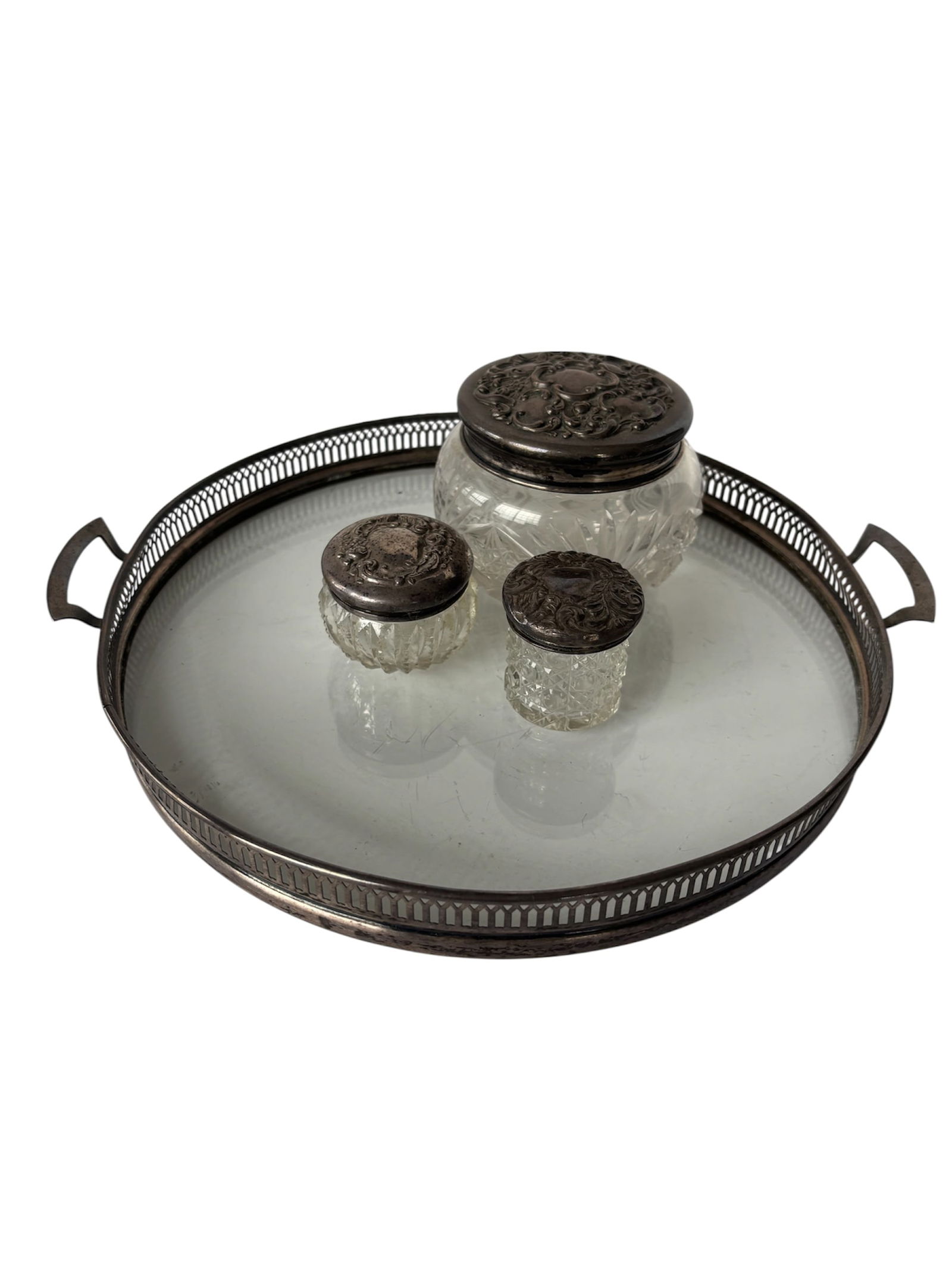 Collection of Antique Sterling & Glass Vanity Jars with Tray (1 of 13)