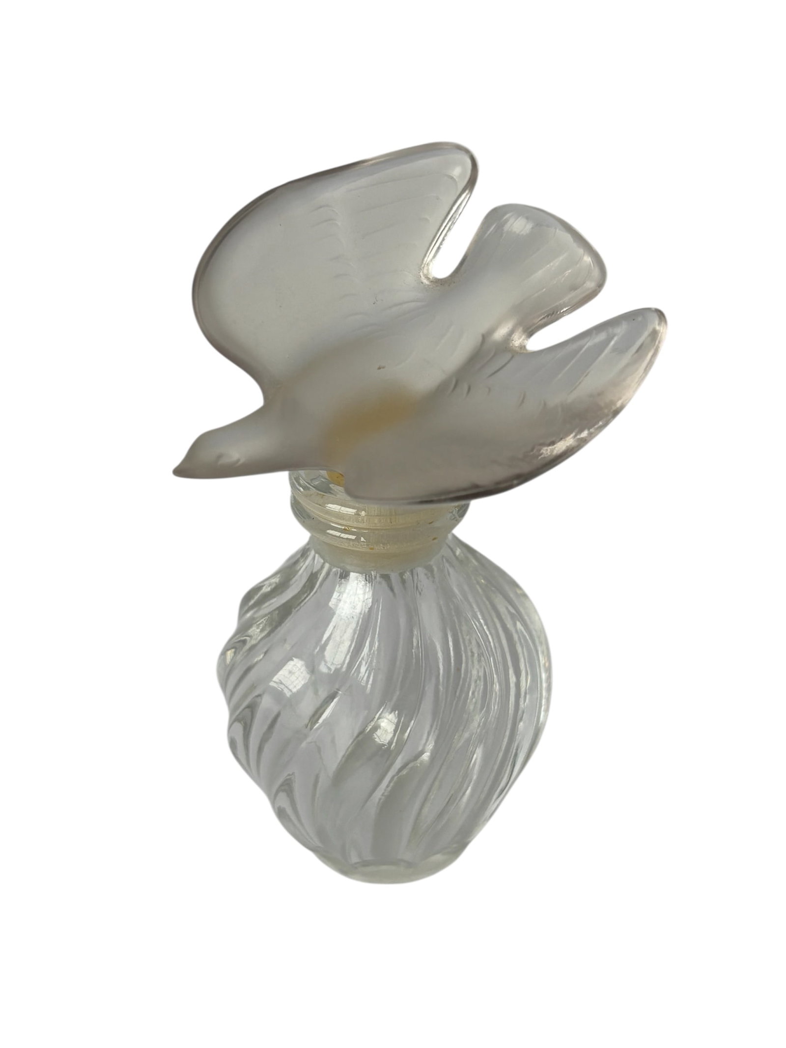Nina Ricci Lalique Perfume Bottle: Featuring older art glass style with frosted dove topper/dauber. France. marked