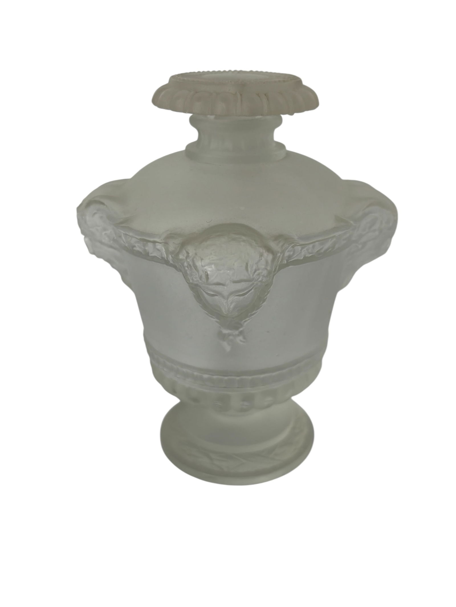 Rene Lalique for Guerlain "Coque d'Or" Perfume Bottle No. 613: Authentic Rene Lalique perfume bottle made for Guerlain, model "Coque d'Or, catalogued as Marcihac No. 613. Designed in 1937. The frosted crystal urn-shaped body exhibits the high-relief molded female