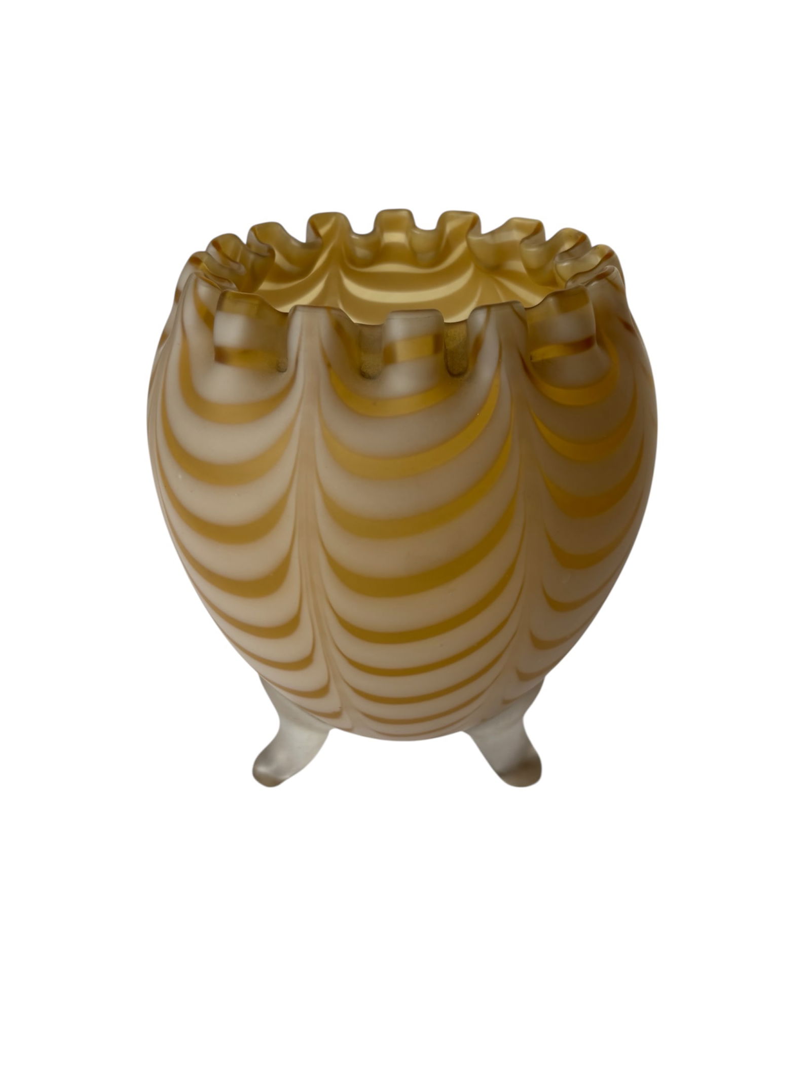 Vintage Murano Art Glass Vase: Vintage Murano art glass vase with crimped top rim and gold and white pulled feather design with opalescent glass and footed base. Possibly from Fratelli Toso (Murano) workshop. Purchased in Murano