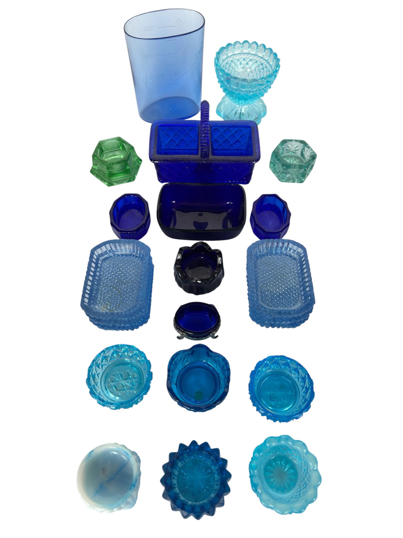 Collection of Antique Salt Cellars - "Blues": 1800s to early-mid 20th Century; including Fostoria, Central Glass, Victorian and more! Cobalt blue to light turquoise tones. Salt cellar sets and singles. Cobalt blue glass basket 3" double open salt