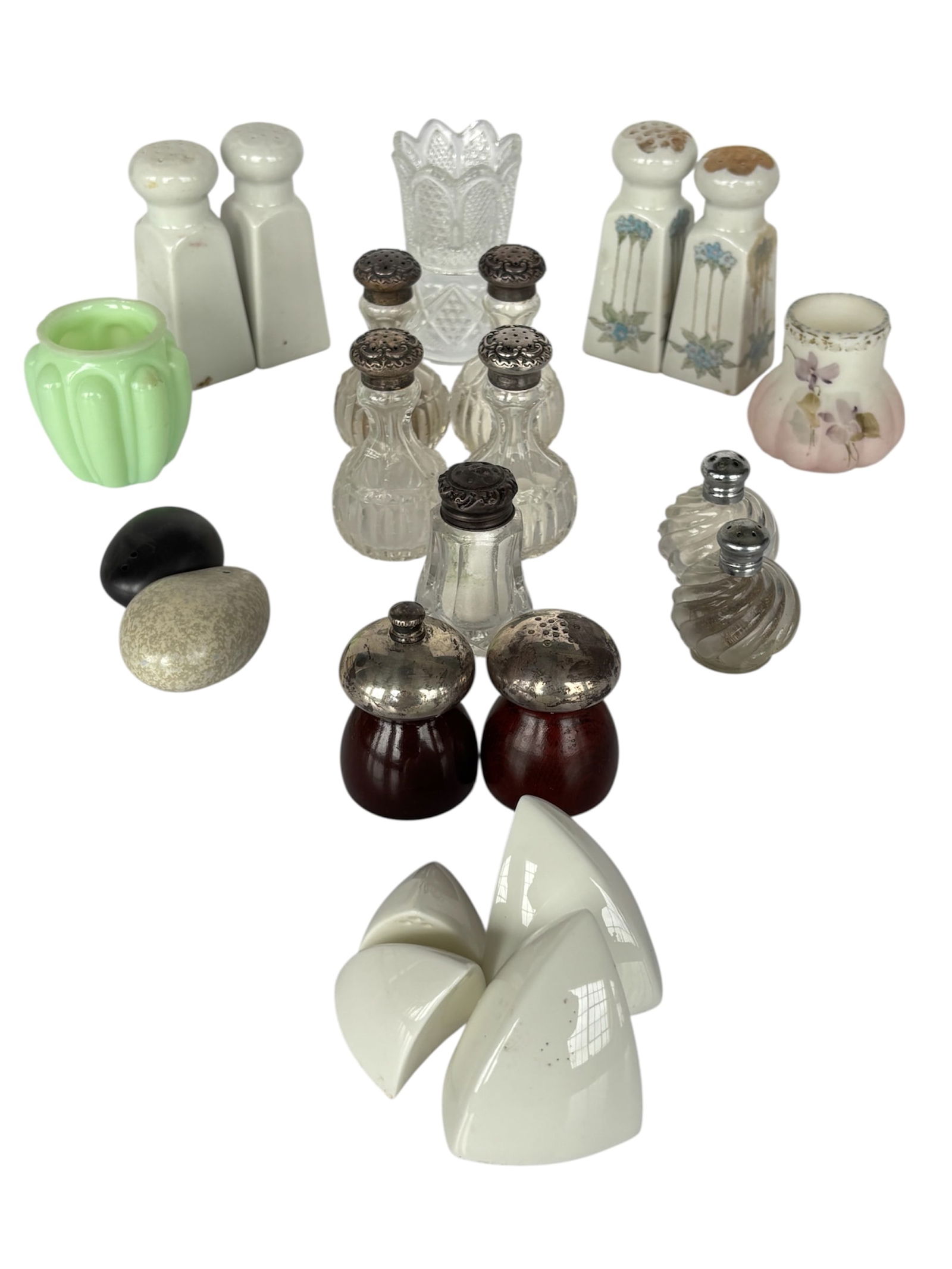 Collection of Antique Salt & Pepper Shakers & Toothpick Holders: Early 1900s and newer including; Italian wood and sterling top shaker set, ceramic and porcelain shaker sets, various designs including hand painted floral to cut glass, green opaque glass toothpick h