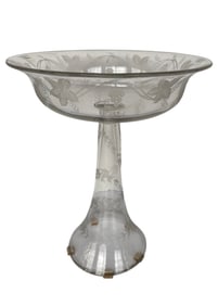 Vintage Floral Grapevine Etched Glass Compote Pedestal Bowl