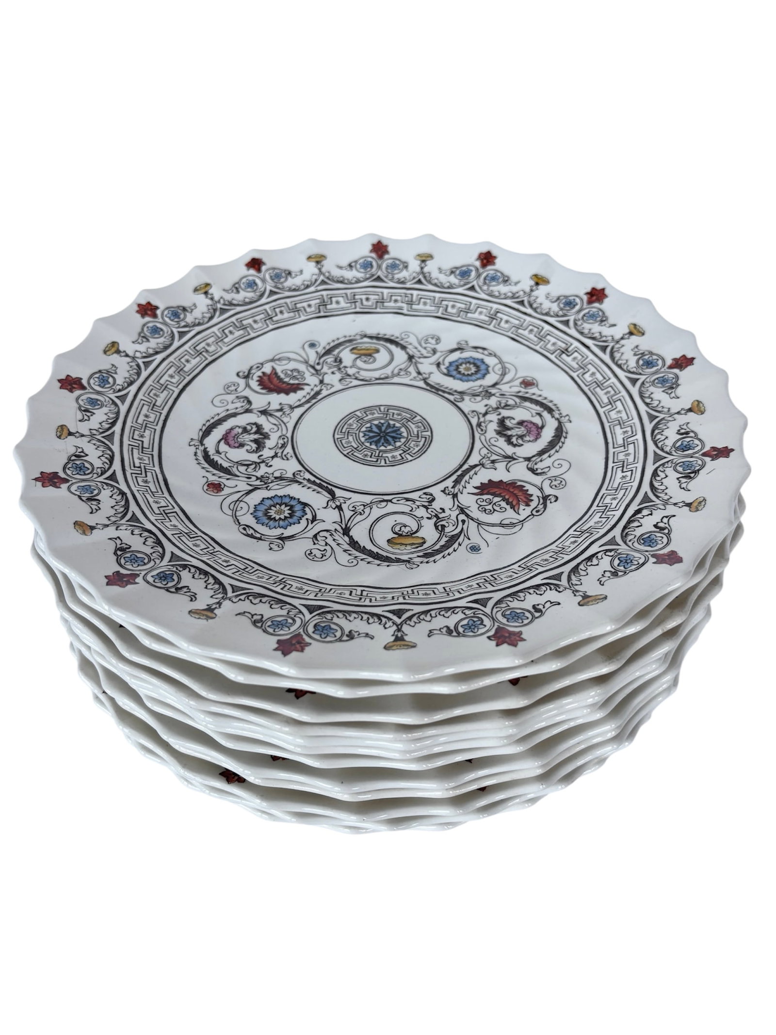 Copeland-Spode "Florence" China: Made in England, set of 12 Spode dinner plates with scallop raised edge earth tones "Florence" design.