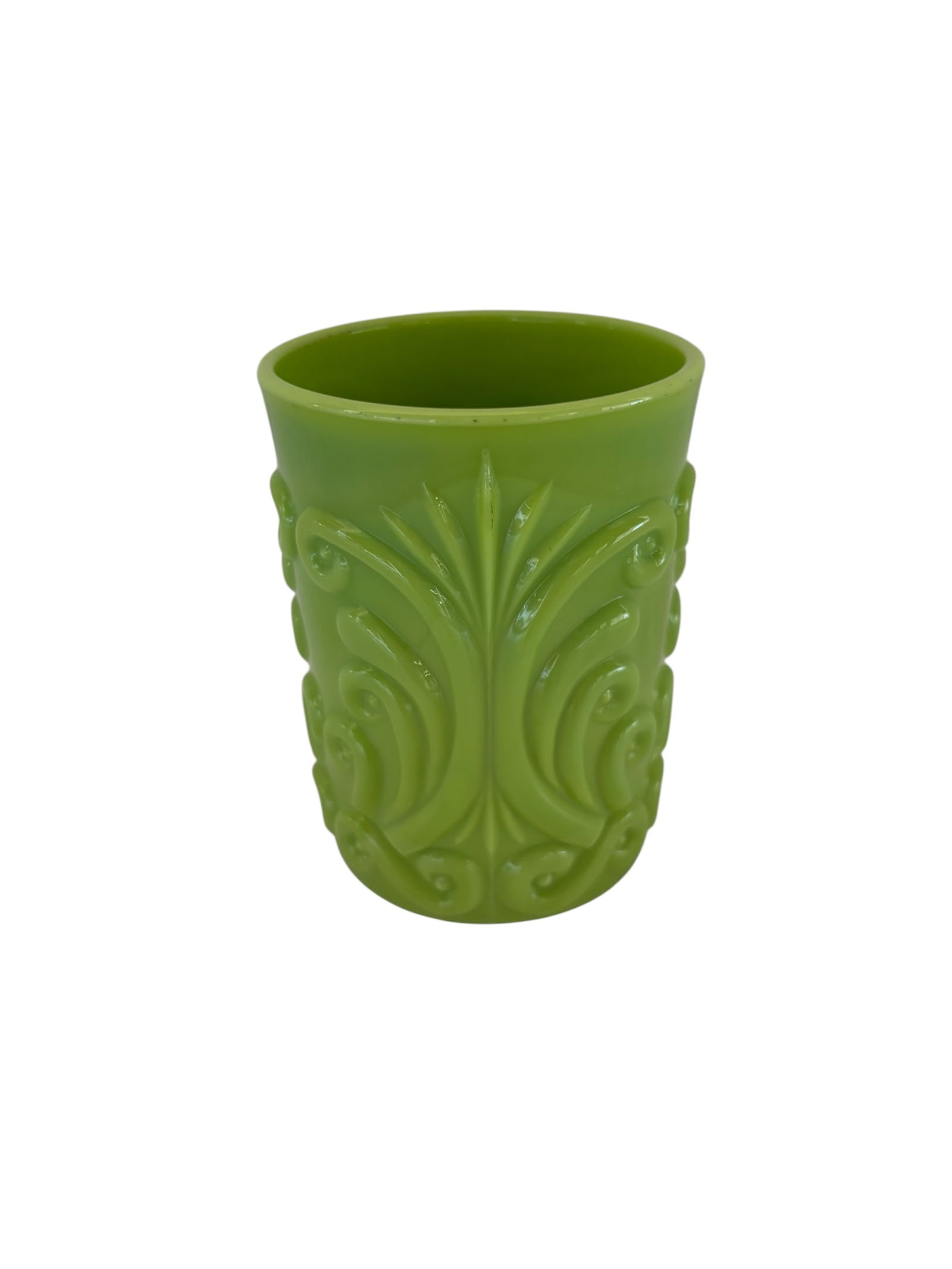 Imperial Atterbury Scroll Pattern Glass Tumbler: Likely mid-20th century Atterbury scroll pattern tumbler featuring elaborate scroll design, used for tumblers, canisters and jars. Opaque vibrant green milk glass