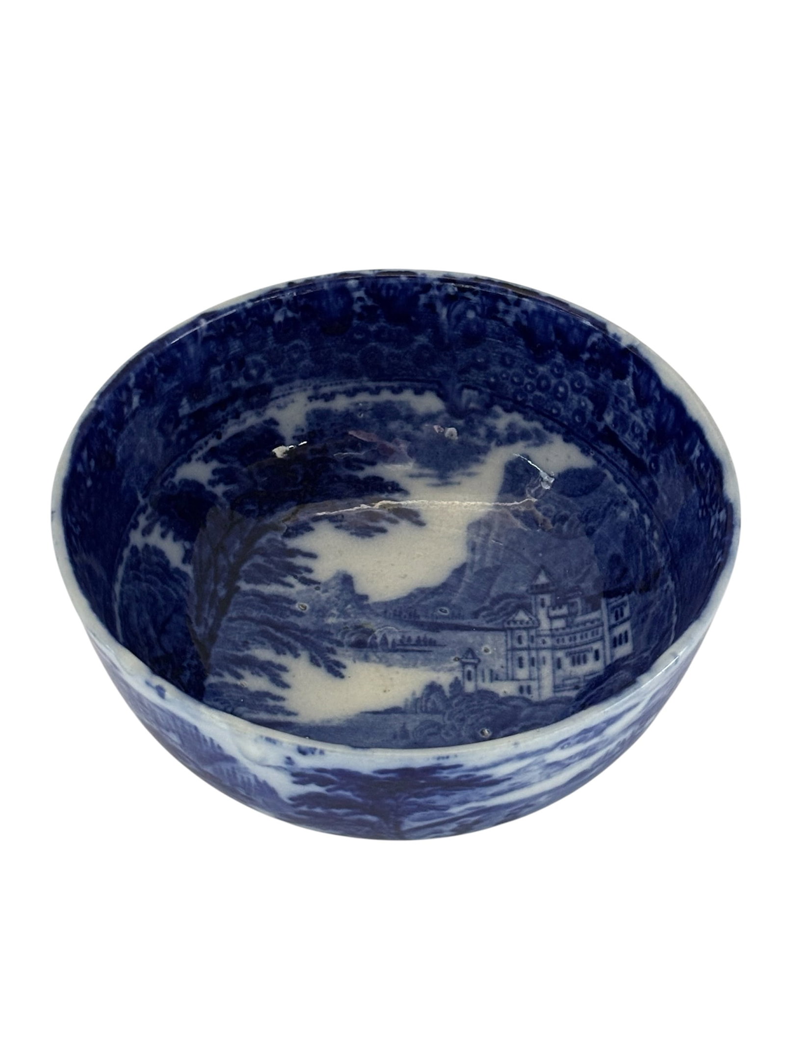 Antique Royal Staffordshire Flow Blue Jenny Lind Bowl: Featuring Jenny Lind patter in Flow Blue transferware design depicting castle scenes and a landscape. marked on base. Burliem, England. Early 20th Century