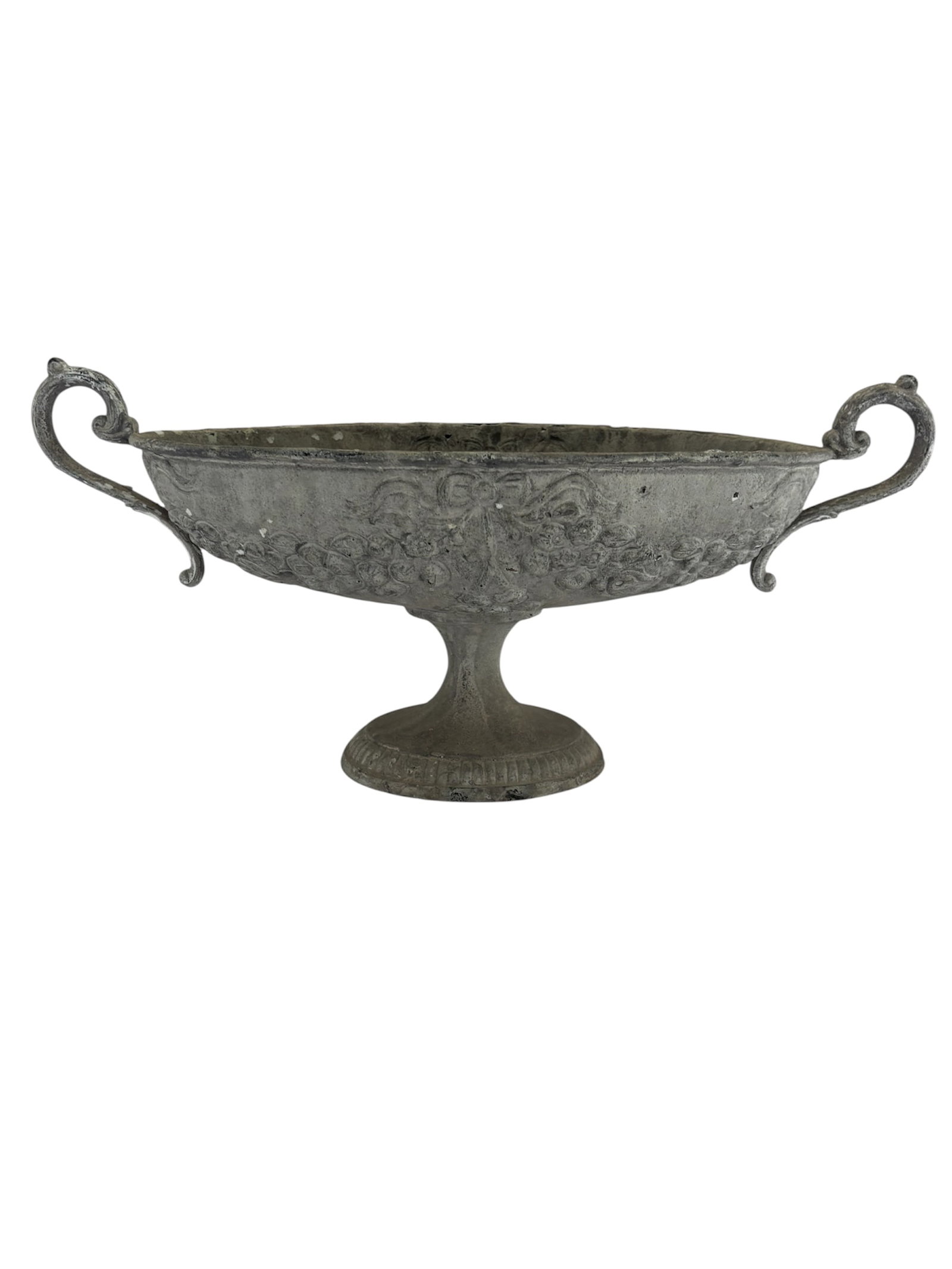 Vintage Italian Aged Finish Decorative Urn Planter: Mid to late 20th Century, planter featuring 2 handles with pedestal base and long oval urn shaped body with weathered grey finish. "Chippy". Purchased at an Italian antique garden sale in Colle di Val