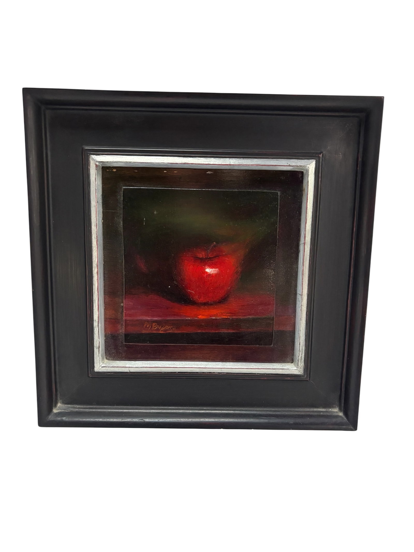 "Apple Dreams" Painting by Malcolm Bryan: Malcolm Bryan a late 20th century painter known for his still life and florals. Oil on board with raised design inset in black and silver wood frame. Painting depicting an apple. Purchased at Breckenr