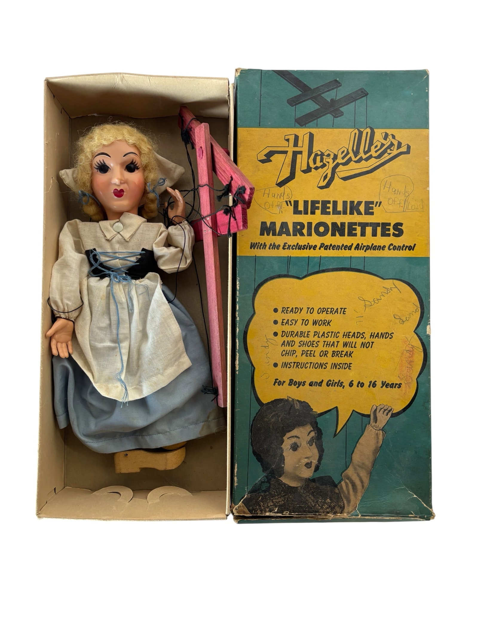 Hazelle's "LifeLike" Marionette "Dutch Girl": 1950s "Dutch Girl" 908-Katrina in original box. Rollins created more than 300 character designs, she had patents and trademarks for mechanisms for the mouths of her Marionettes, movement of their shoe