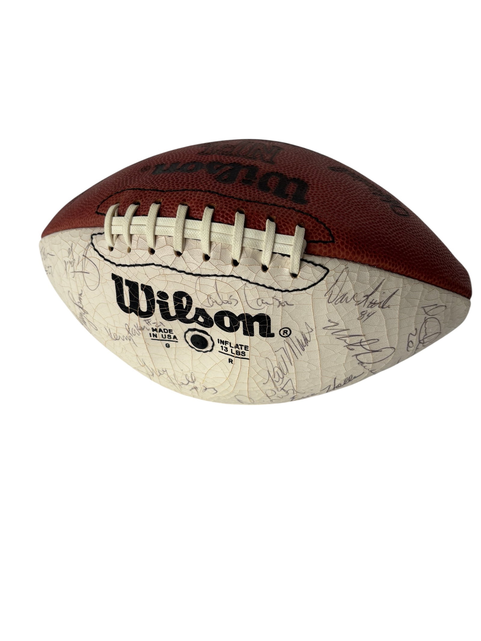 1980s Kansas City Chiefs Autographed Conference Football: Kansas City Chiefs football signed by team players from the 1980s & 90s, various signatures including; Scott Auer 1984-85, John Zamberlin 83-84, Grey Hill 94-97, Ed Beckman 77-84, Dave Lutz 83-92, Eri