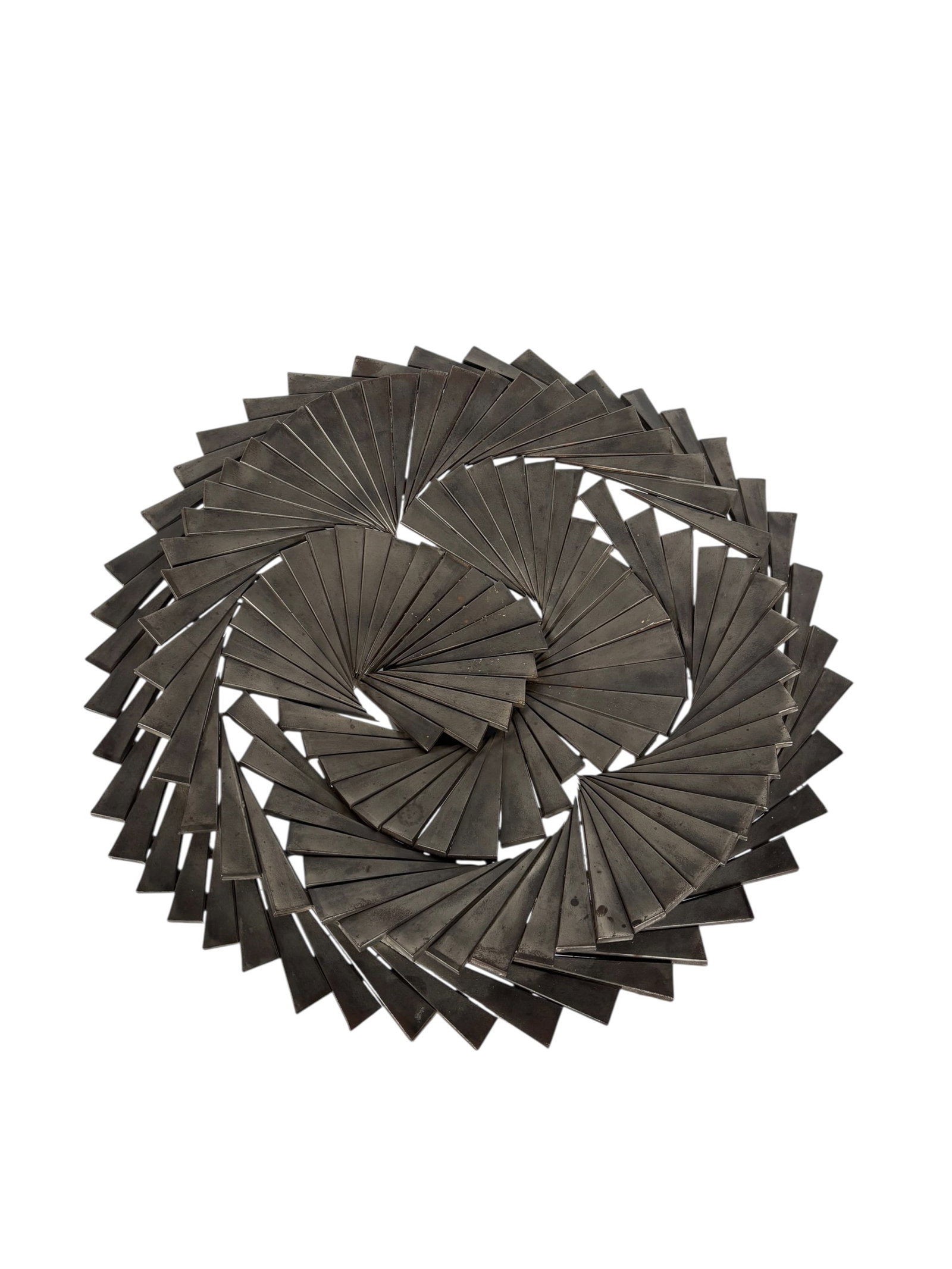Spiraling Hand Forged Steel Sculpture by Bill Bracht: Striking decorative hand forged steel sculpture by local artist, Bill Bracht. Bill Bracht, a Kansas based sculptor active in late 20th Century, his metal sculptures shown in private collections, known