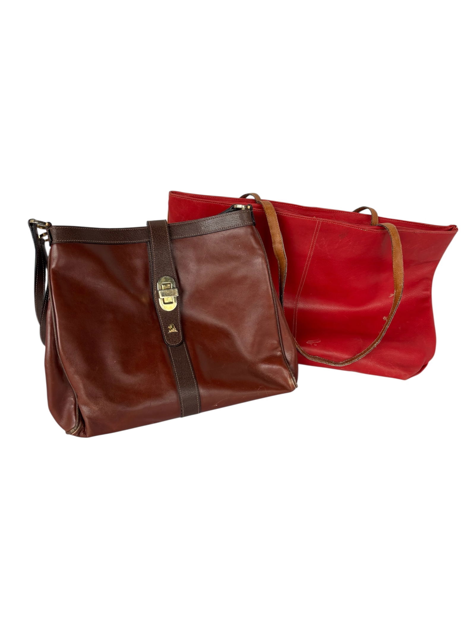 Vintage Marc Cross Shoulder "Hobo Bag" & Leather Tote Bag: Marc Cross, luxury leather goods brand, including Shoulder Hobo bag in buff leather with turn lock closure and logo open cut design on shoulder strap, comes with dust bag, also included in lot Marc Cr