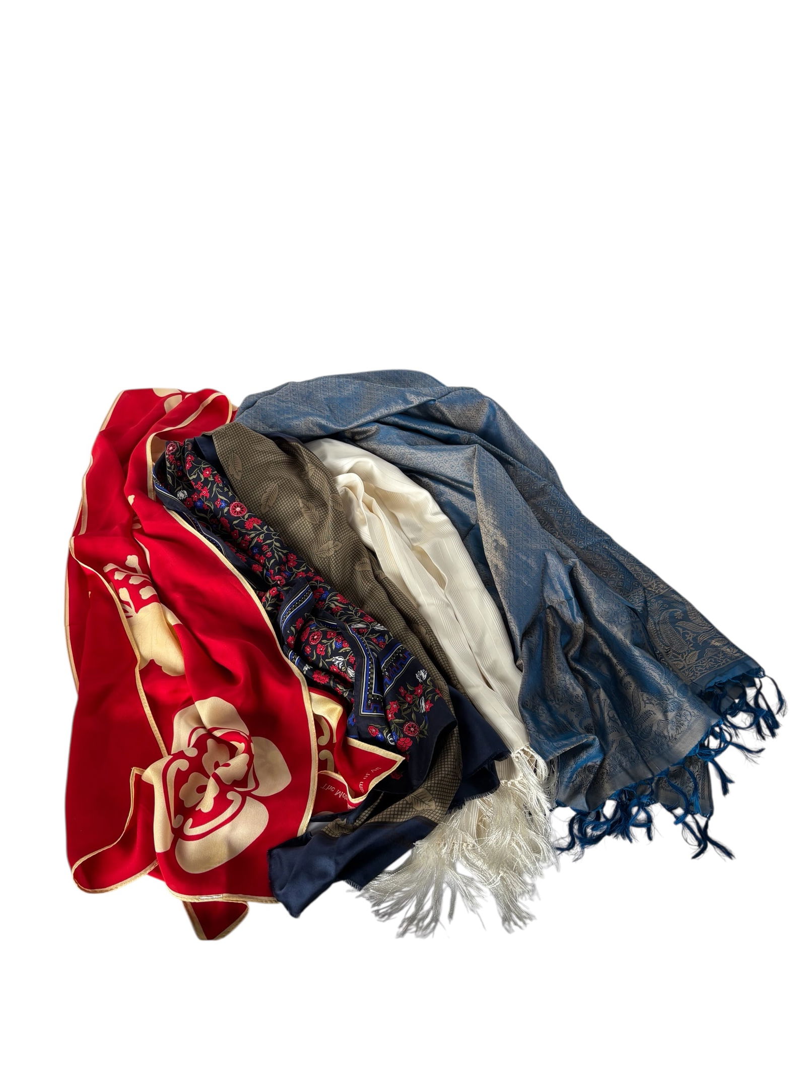 Collection of Vintage Silk Scarves: Assorted collection over the years of geometric and floral patterns as well as solids, name brands including Calvin Klein, The Metropolitan Museum of Art, Kokoro, silk scarves from Saks and India.
