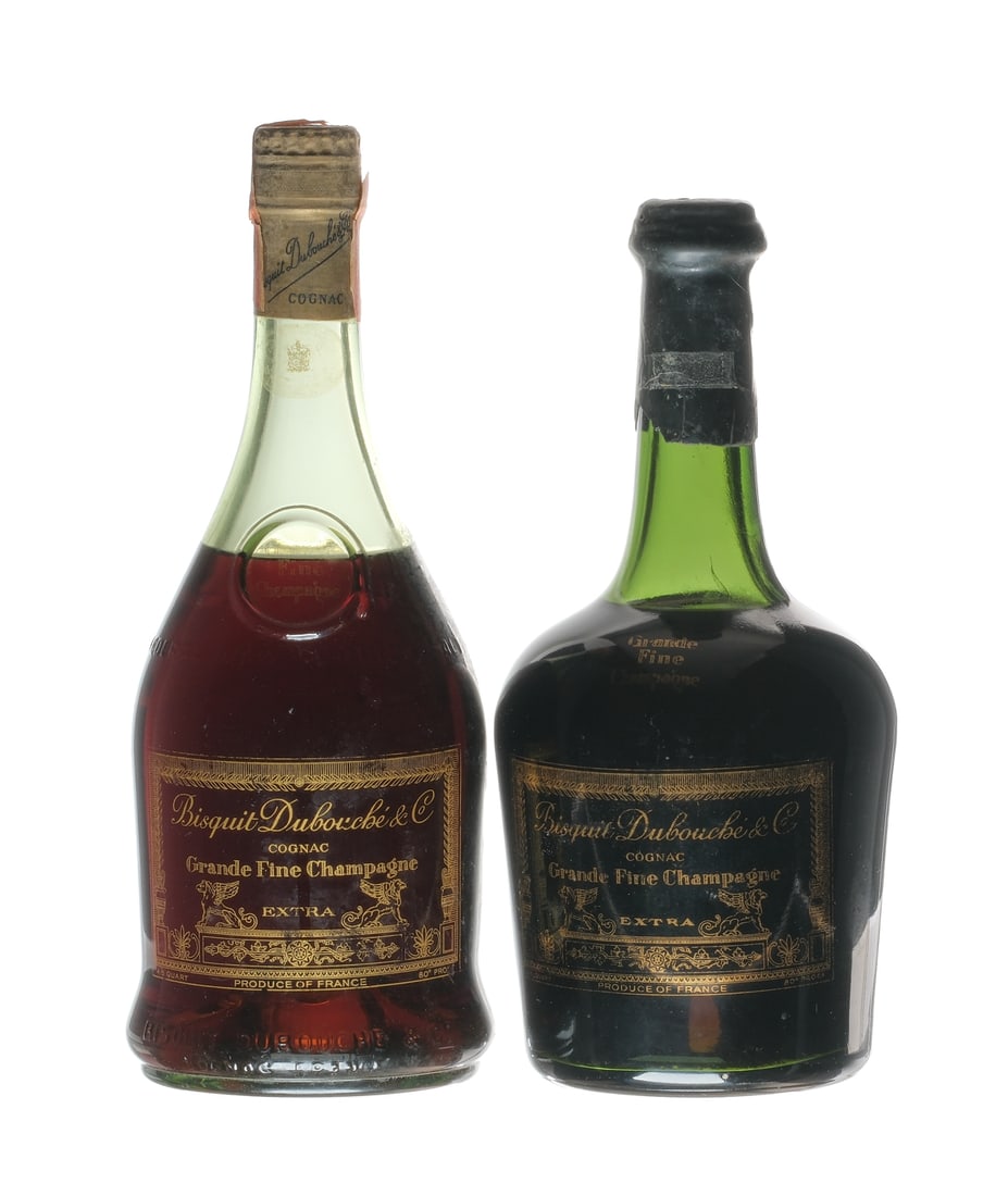 Bisquit Dubouche & Co. Grande Fine Extra Cognac: Description 80 Proof. Wax seal on first bottle intact but exhibits losses (and adhesive residue around the neck). In addition there is some melted wax present on bottom of bottle itself. Bottle stamp 