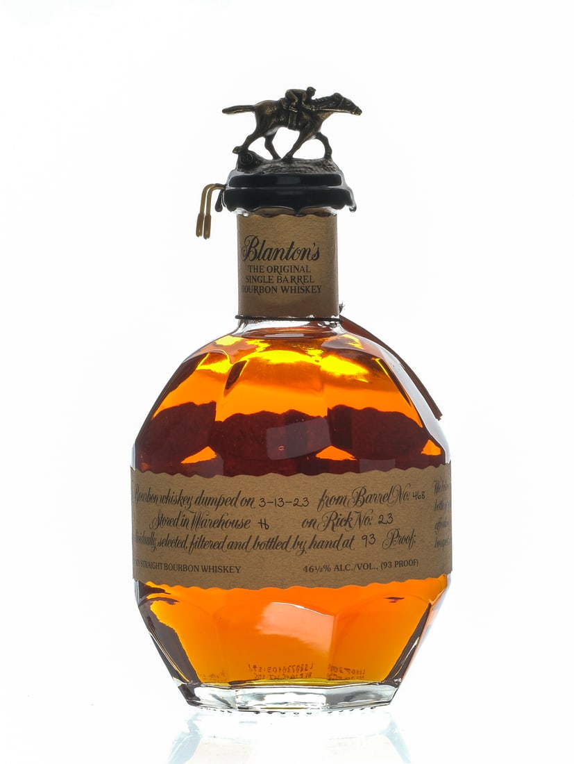 Blanton's Single Barrel Bourbon Whiskey 2023: Description Dumped on 3-13-23 from Barrel No. 468. Stored in Warehouse H on Rick No. 23. 93 Proof. 46 1/2% ALC/VOL. Wax seal intact. Hang tag intact. Labels excellent. Racehorse and jockey figure on c