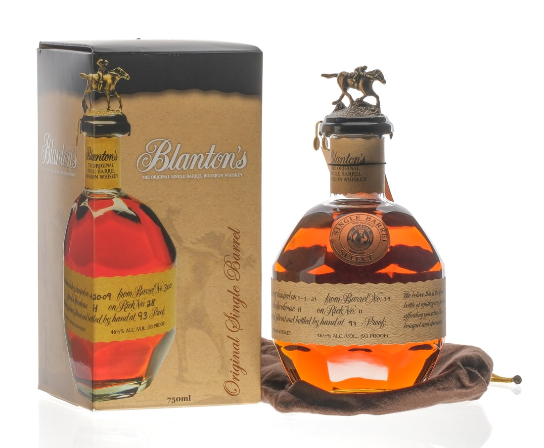 Blanton's Single Barrel Bourbon 2023: Description Single Barrel Select. Hand selected by Haxton Liquors. Barrel #034. Dumped on 5-3-23 from Barrel No. 34. Stored in Warehouse H on Rick No. 11. 93 Proof. 46 1/2% ALC/VOL. Original cardboard