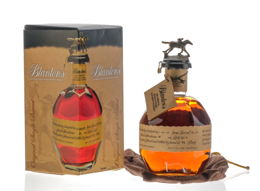 Blanton's Single Barrel Bourbon 2023: Description Dumped on 1-26-23 from Barrel No. 25. Stored in Warehouse H on Rick No. 11. 93 Proof. 46 1/2% ALC/VOL. Original cardboard box good. Top lid exhibits some creasing and bending. Embroidered 