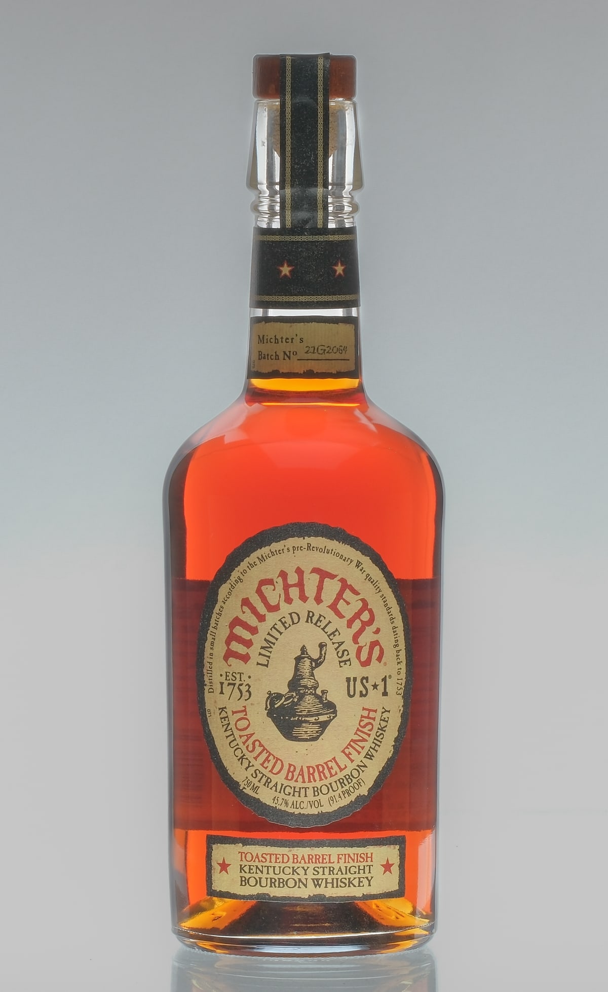 Michter's Toasted Barrel Bourbon Whiskey 2021: Description Toasted Barrel Finish. Michter's Batch No. 21G2064. 45.7% ALC/VOL. (91.4 Proof). Seals intact. Labels excellent. Whiskey Rye Michter's Distillery USA Kentucky 2021 1 750ml