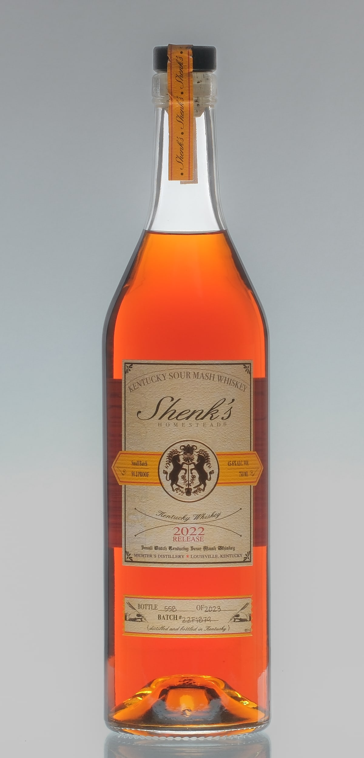 Shenk's Homestead Small Batch Whiskey 2022: Description 2022 Release. Bottle 558 of 2023. Batch #22F1879. Sour mash whiskey. 91.2 Proof. 45.6% ALC./VOL. Seals intact. Labels excellent. Whiskey Sour Mash Michter's Distillery USA Kentucky 2022 1 