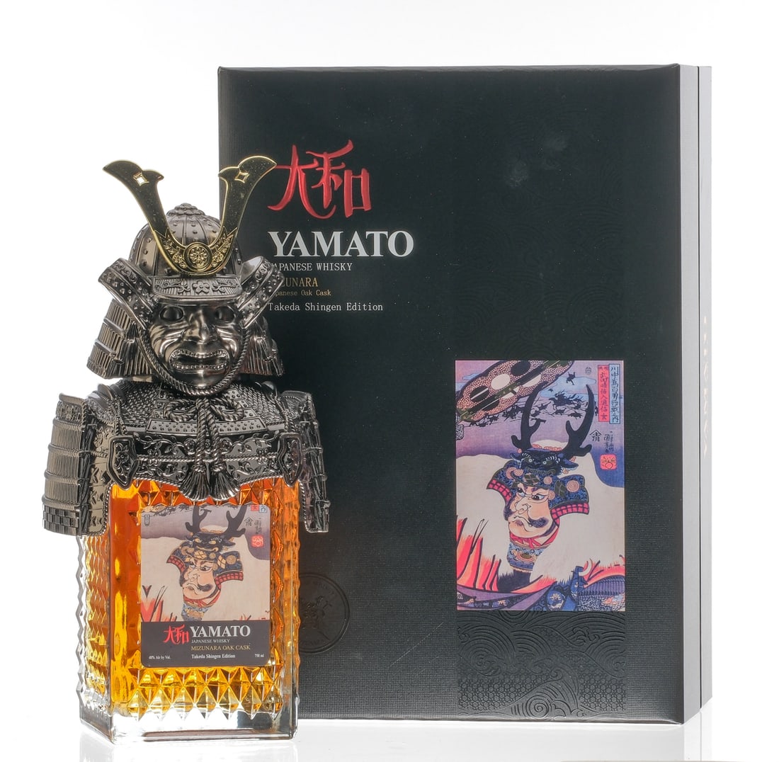 Yamato Japanese Whisky Takeda Shingen Edition: Description Samurai Armor figural Bottle, Japanese Oak Cask. 40% ALC/VOL. Original cardboard case with swing door largely excellent (there are some cosmetic defects present on the front). Labels excel