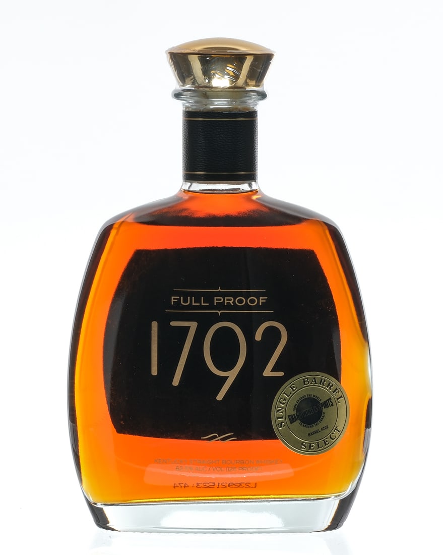 1792 Single Barrel Select Full Proof 2023: Description Selection by Grand Wine & Spirits (Barrel #202). Full Proof (125 Proof). 62.5% ALC/VOL. Plastic seal intact. Labels excellent. Whiskey Bourbon Barton 1792 USA Kentucky 2023 1 750ml