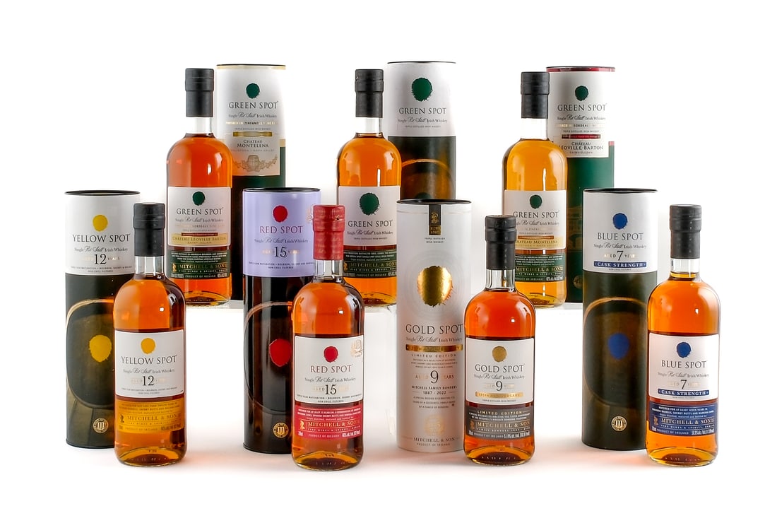Mitchell & Son Irish Whiskey Spot Vertical: Description Group of 7 Irish Whiskeys by Mitchell & Son: 1x 700ml Gold Spot 135th Anniversary Limited Edition (triple distilled; non chill filtered; matured in a selection of bourbon, port, sherry and
