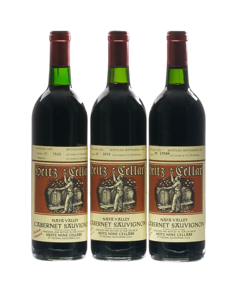 Heitz Wine Cellars Cabernet Sauvignon 1991 x2, 199: Description Trailside Vineyard, 1991 #2,876 and 17,509 of 32,256 and 1992 #7,502 of 38,640. Levels just above Base Neck. Wine Heitz Wine Cellars USA Napa Valley Cabernet Sauvignon 1991 x2, 1992 3 750m