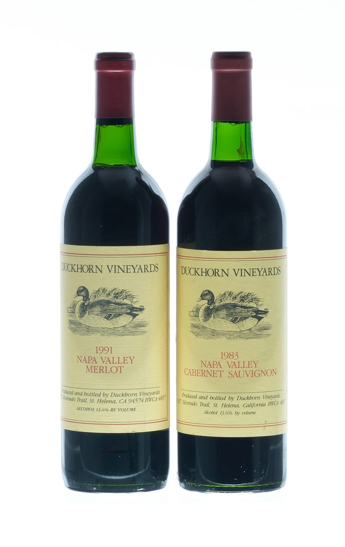 Duckhorn Cabernet 1983, 1991 Merlot: Description 1983 Cab fill level Base Neck some sediment. 1991 Fill level Top Shoulder. Excellent labels. Wine Duckhorn Vineyards USA Napa Valley Cabernet Sauvignon / Merlot 1983 /1991 2 750ml