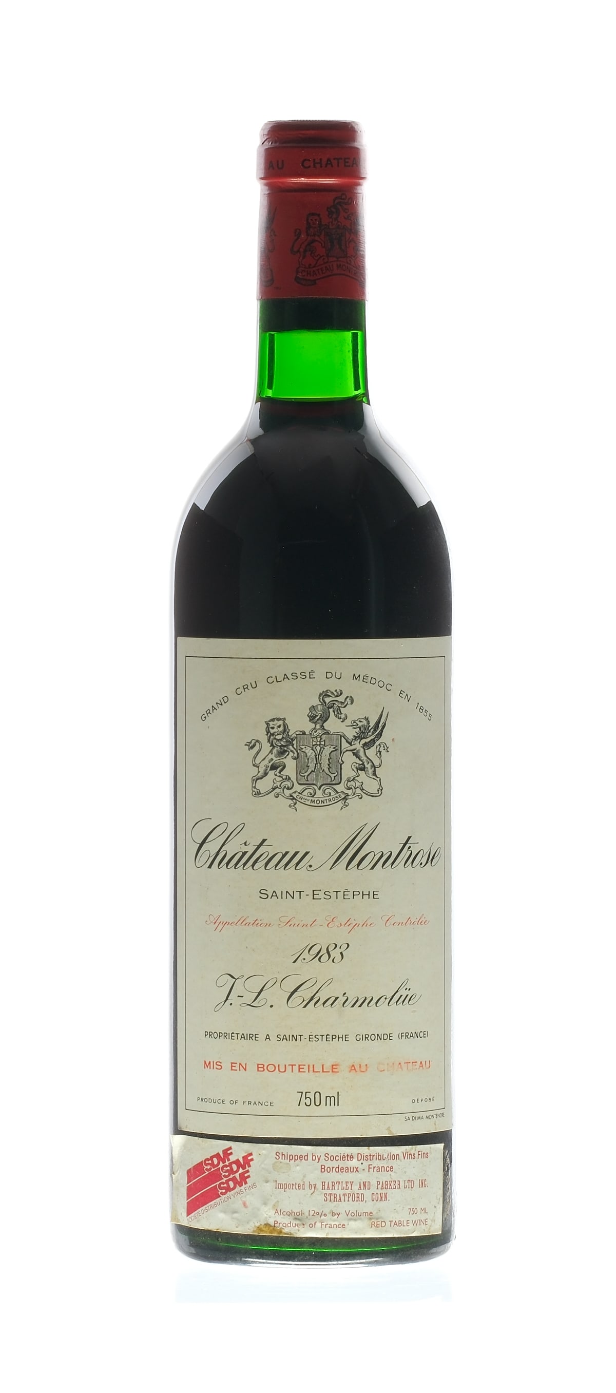Chateau Montrose Saint Estephe 1983: Description Fill Level = Base Neck. Label good condition. Import label loose and stained but legible. Wine Saint-Estephe Chateau Montrose France Saint-Estephe 1983 1 750ml