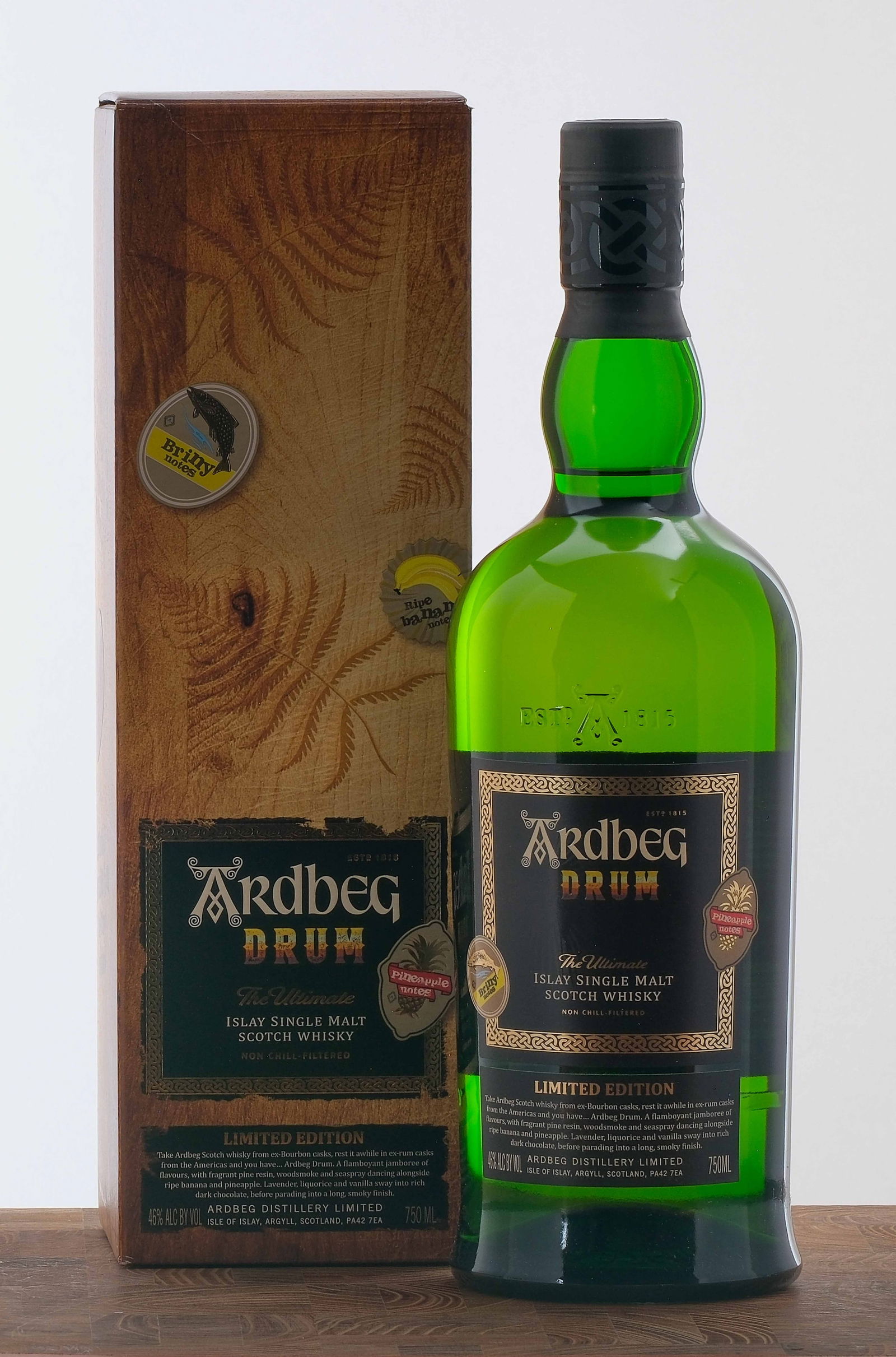 Ardbeg "Drum" Islay Single Malt Scotch 2019: Limited Edition. Matured in ex-Bourbon casks. Rested awhile in ex-Rum casks. 46% ALC/VOL. Original cardboard box in largely excellent condition (there is a noticeable crease near the top fold). Foil a