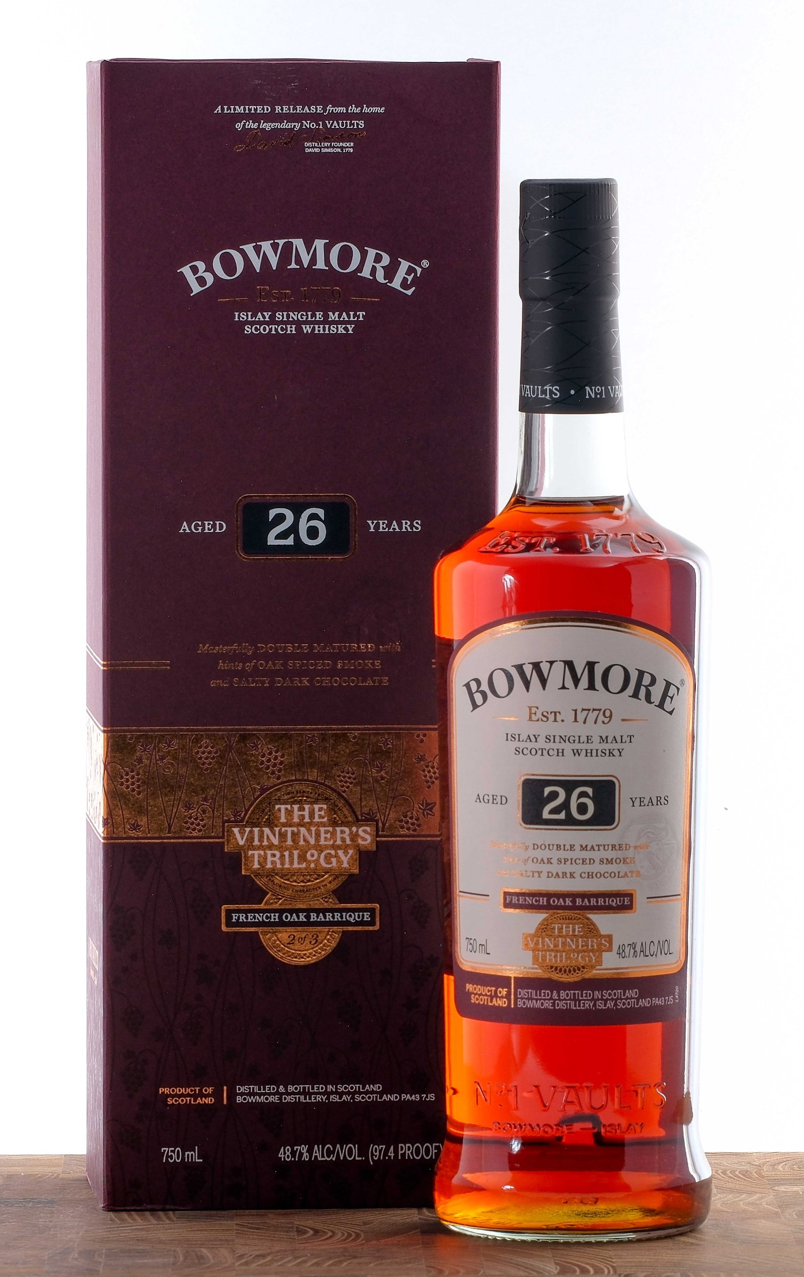Bowmore "Vintner's Trilogy" (2 of 3) 26 Year Islay Single Malt Scotch: French Oak Barrique. Limited Release from the No. 1 Vaults. 48.7% ALC/VOL. Cardboard box largely excellent (some minor scuffing evident in addition to slight bowing at the top panel). Foil and labels 