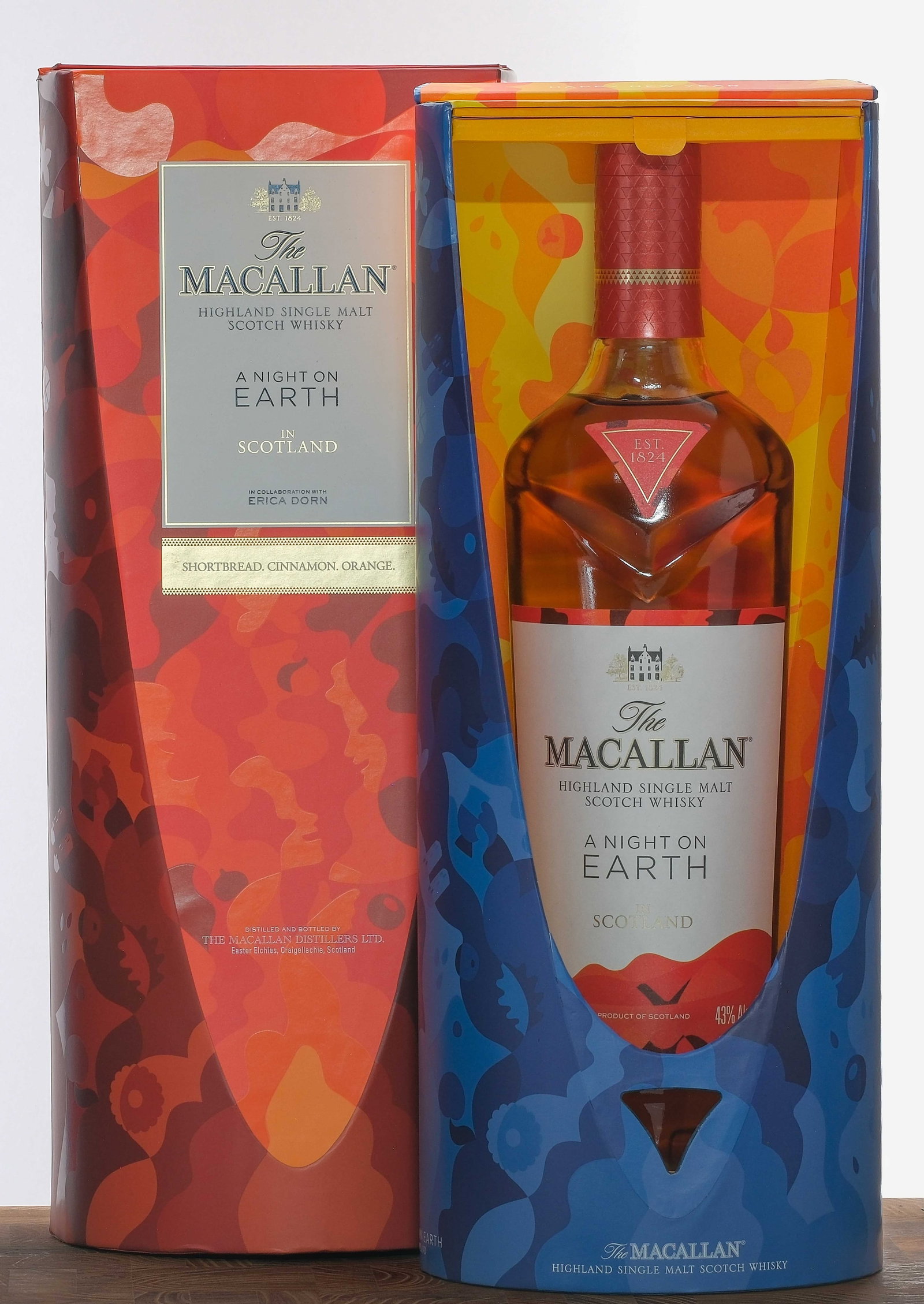 The Macallan "A Night on Earth" Highland Single Malt Scotch 2021: Limited Edition. In collaboration with artist Erica Dorn. Inspired by Hogmanay, the traditional Scottish New Year celebration. 43% ALC/VOL. Cardboard box excellent. Foil and labels excellent. 750ml. T