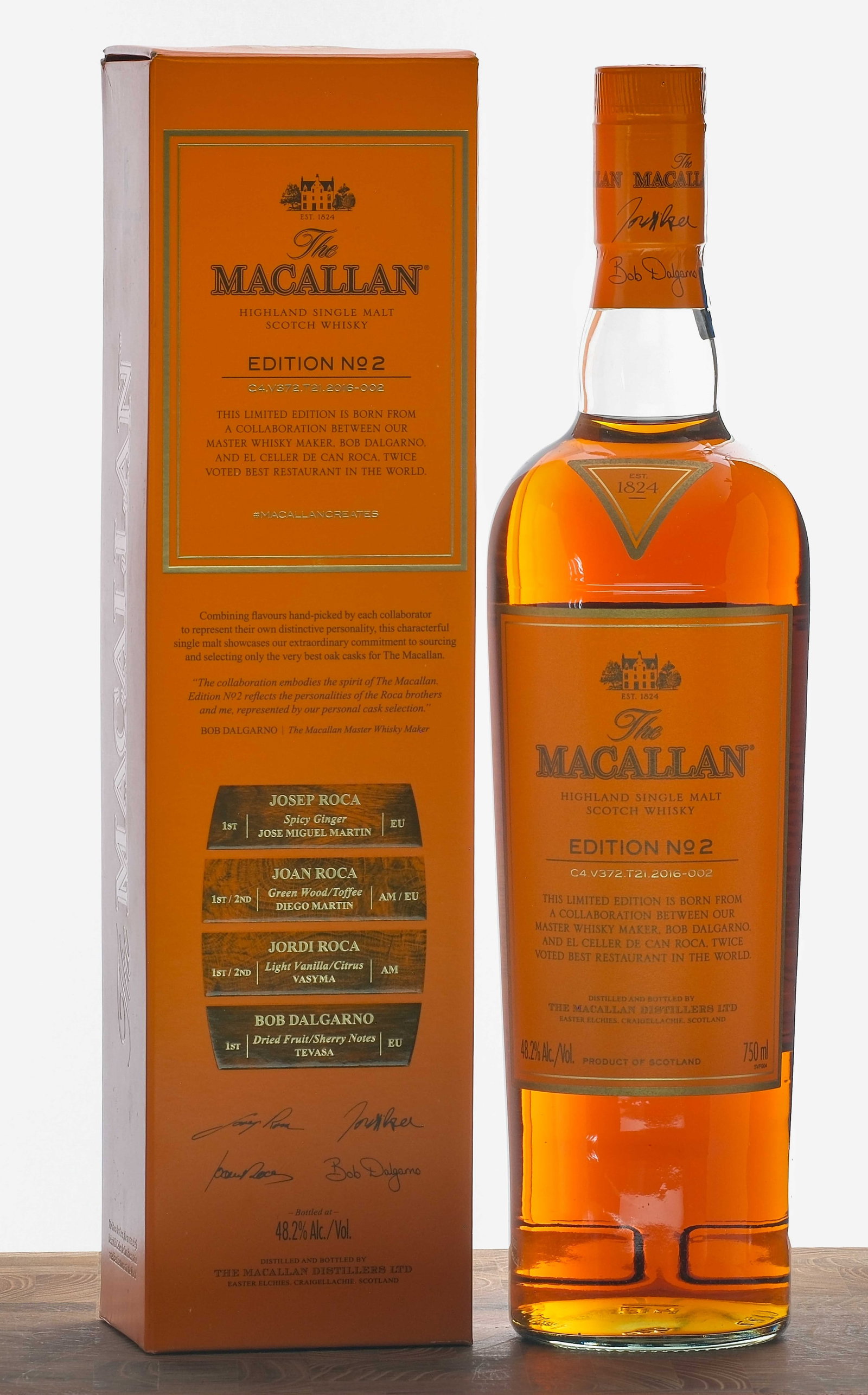 The Macallan Edition No. 2 Highland Single Malt Scotch: Limited Edition. C4.V372.T21.2016-002. Collaboration between Master Whisky Maker, Bob Dalgarno, and El Celler de Can Roca. 1st Bob Dalgarno, Tevasa | EU, 1st/2nd Jordi Roca, Vasyma | AM, 1st/2nd Joan 