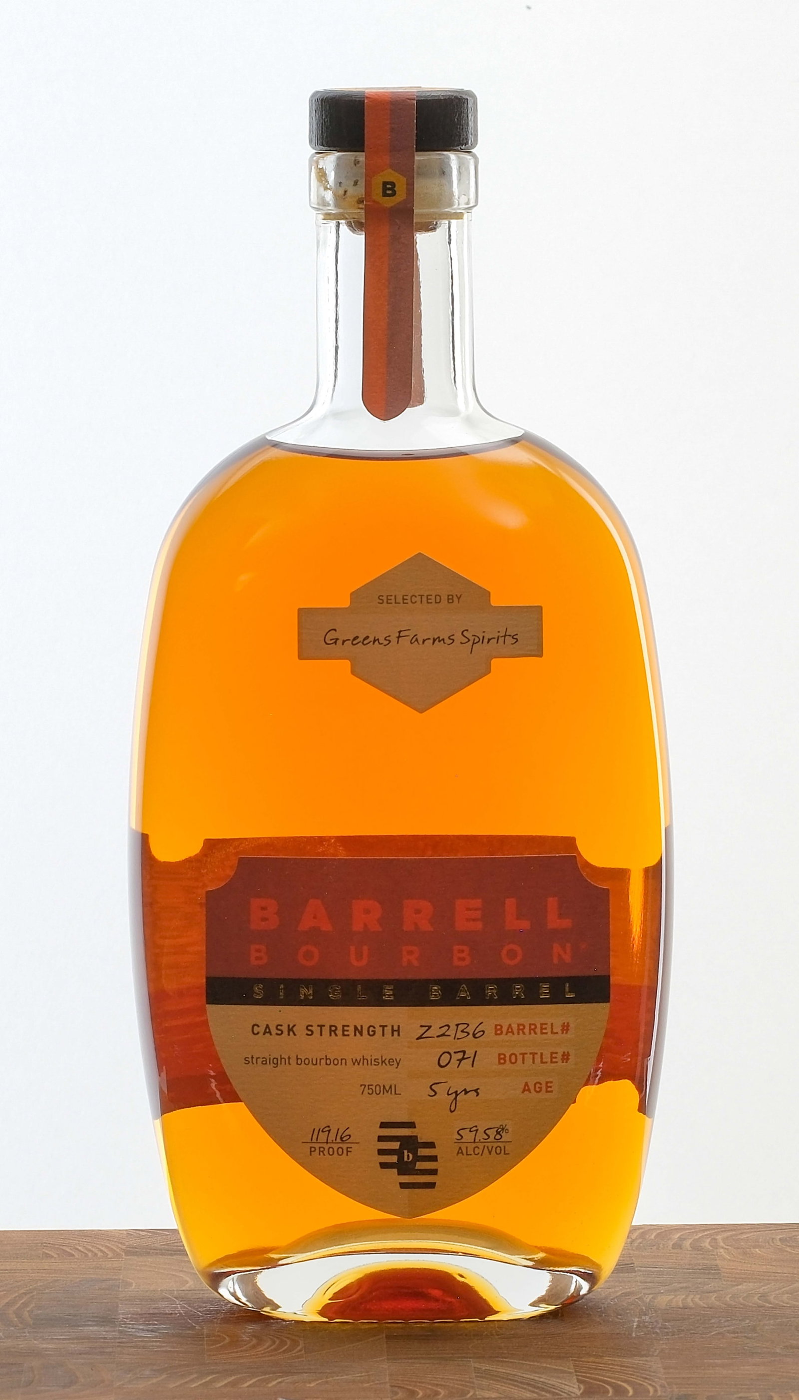 Barrell Craft Store Pick Single Barrel Bourbon: Selected by Green Farms Spirits. Cask Strength. Barrel #22B6. Bottle #071. 5 Years. 59.58% ALC/VOL (119.16 Proof). Seal intact. Labels largely good (some dogearing and creasing present due to poor pla