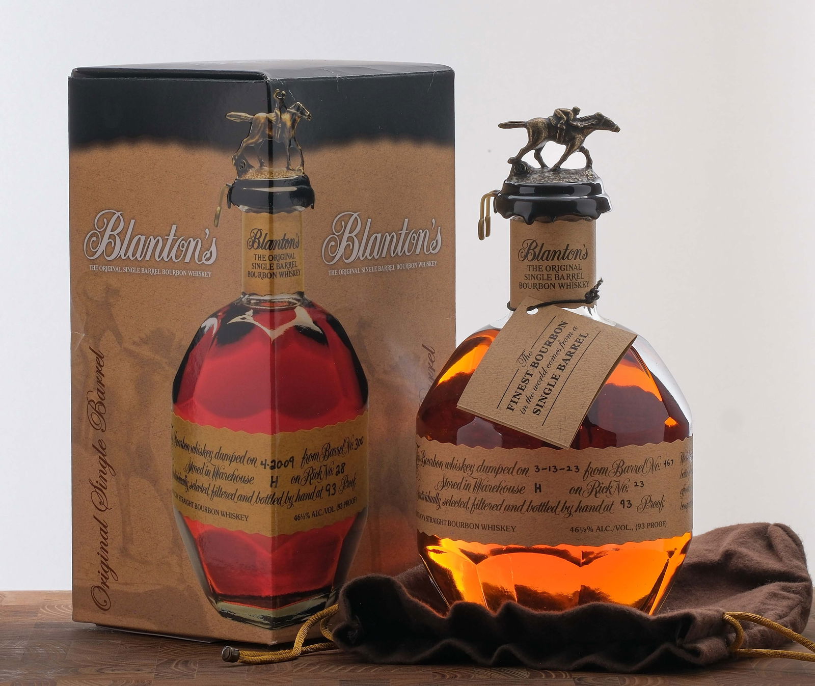 Blanton's Single Barrel Bourbon 2023: Dumped on 3-13-23 from Barrel No. 467. Stored in Warehouse H on Rick No. 23. Registered Bottle No. 244. 46.5% ALC/VOL (93 Proof). Cardboard box largely excellent (some creasing evident on lid and slig