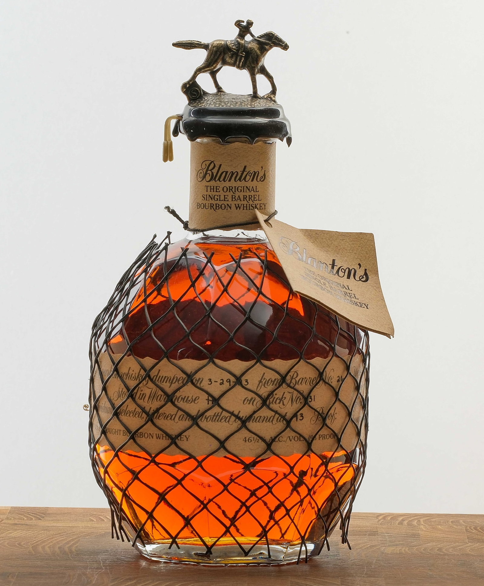 Blanton's Single Barrel Bourbon 2023: Dumped on 3-29-23 from Barrel No. 26. Stored in Warehouse H on Rick No. 31. Registered Bottle No. 95. 46.5% ALC/VOL (93 Proof). Wax seal intact. Hang tag intact. Labels fair (it appears the protective