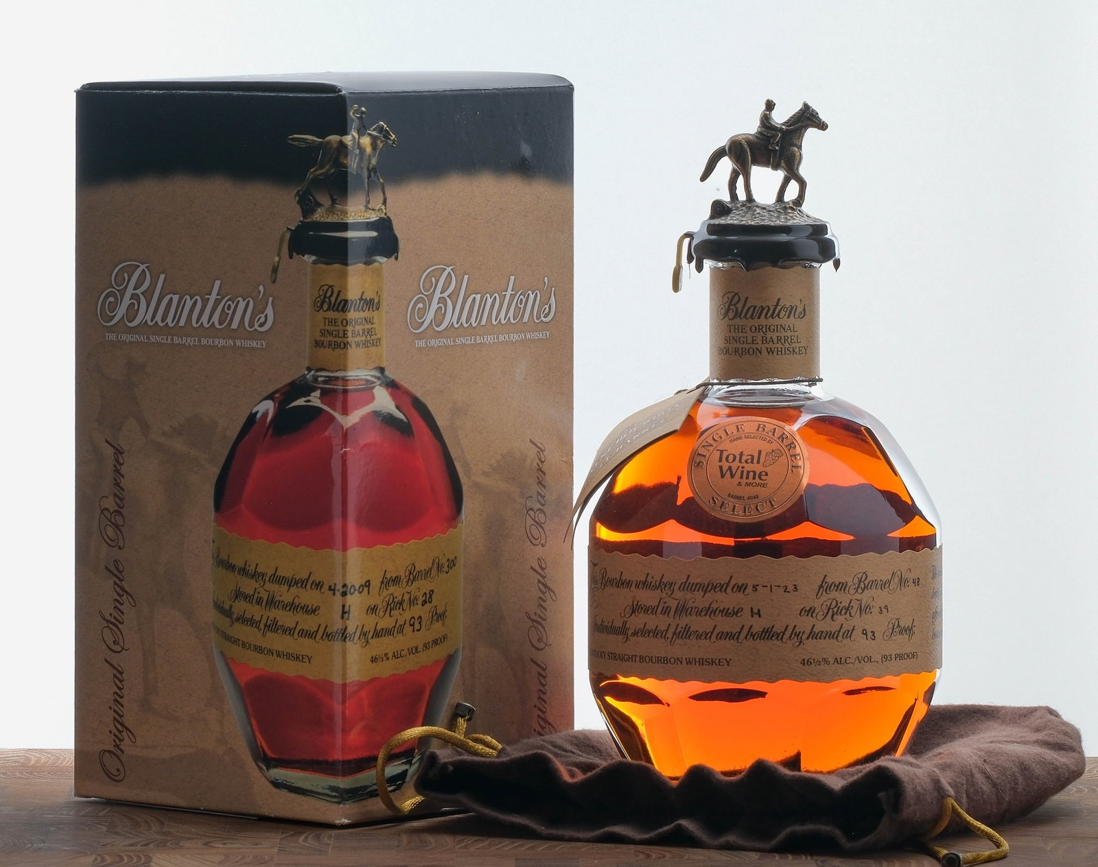 Blanton's Single Barrel Select Bourbon 2023: Single Barrel Select by Total Wine & More. Dumped on 5-1-23 from Barrel No. 48. Stored in Warehouse H on Rick No. 39. Registered Bottle No. 251. 46 1/2% ALC/VOL (93 Proof). Original cardboard box good