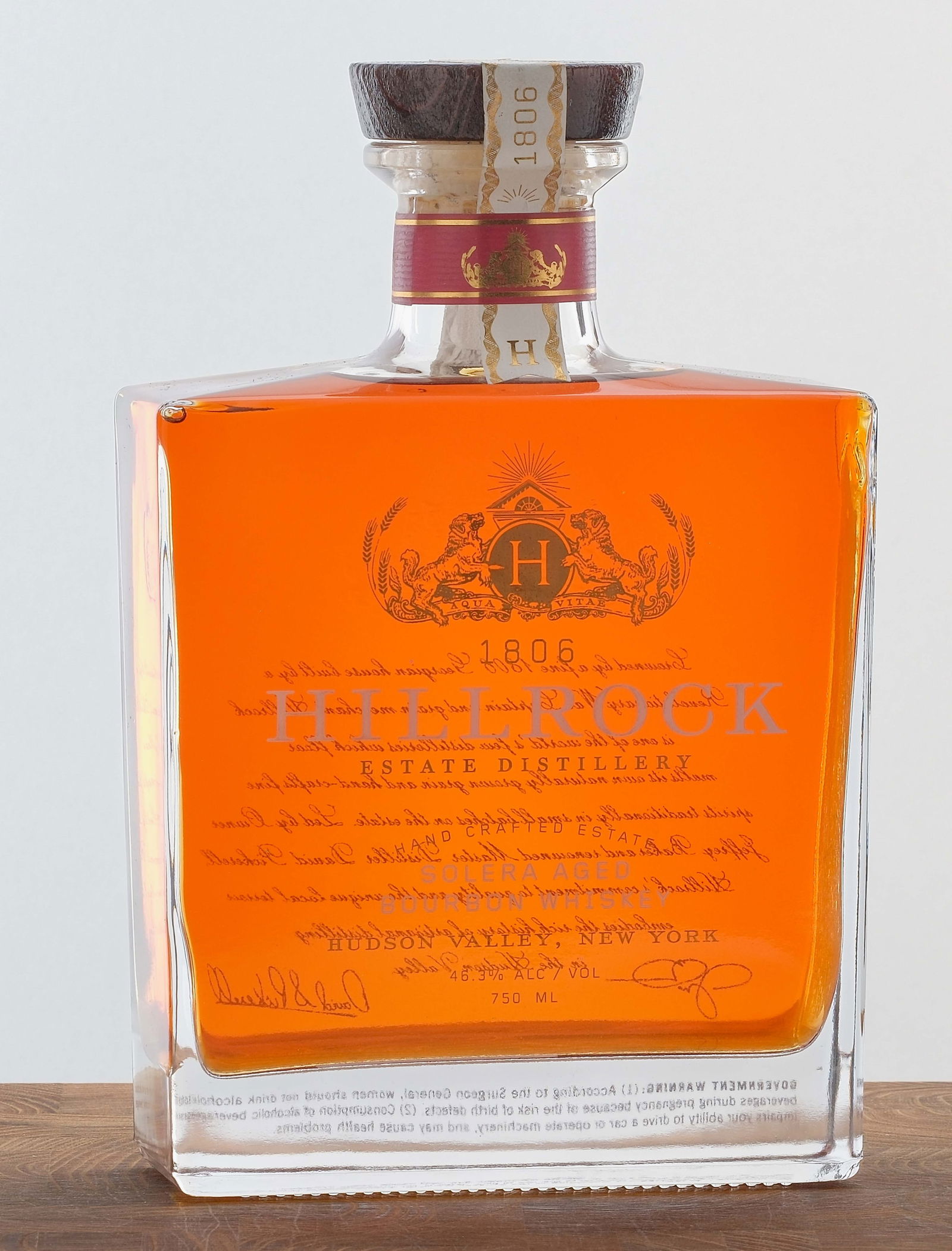 Hillrock Estate Handcrafted Solera Aged Bourbon: Barrel No. 174. Aged in American Oak & finished in Sherry casks. 46.3% ALC/VOL (92.6 Proof). Stamp seal intact. Labels excellent. 750ml. Hillrock Estate Distillery.