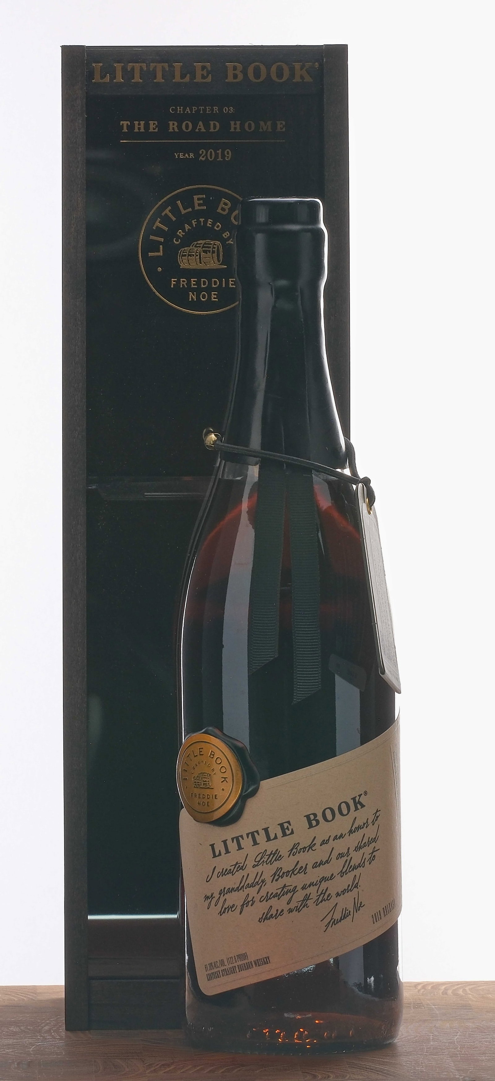 Little Book Chapter 03: "The Road Home" Whiskey 2019: Limited Edition. Recipe 051. Blend of Kentucky Straight Bourbon Whiskies: 9-Year Basil Hayden's, 9-Year Knob Creek, 11-Year Booker's and 12-Year Baker's. 61.3% ALC/VOL (122.6 Proof). Wooden box and ac