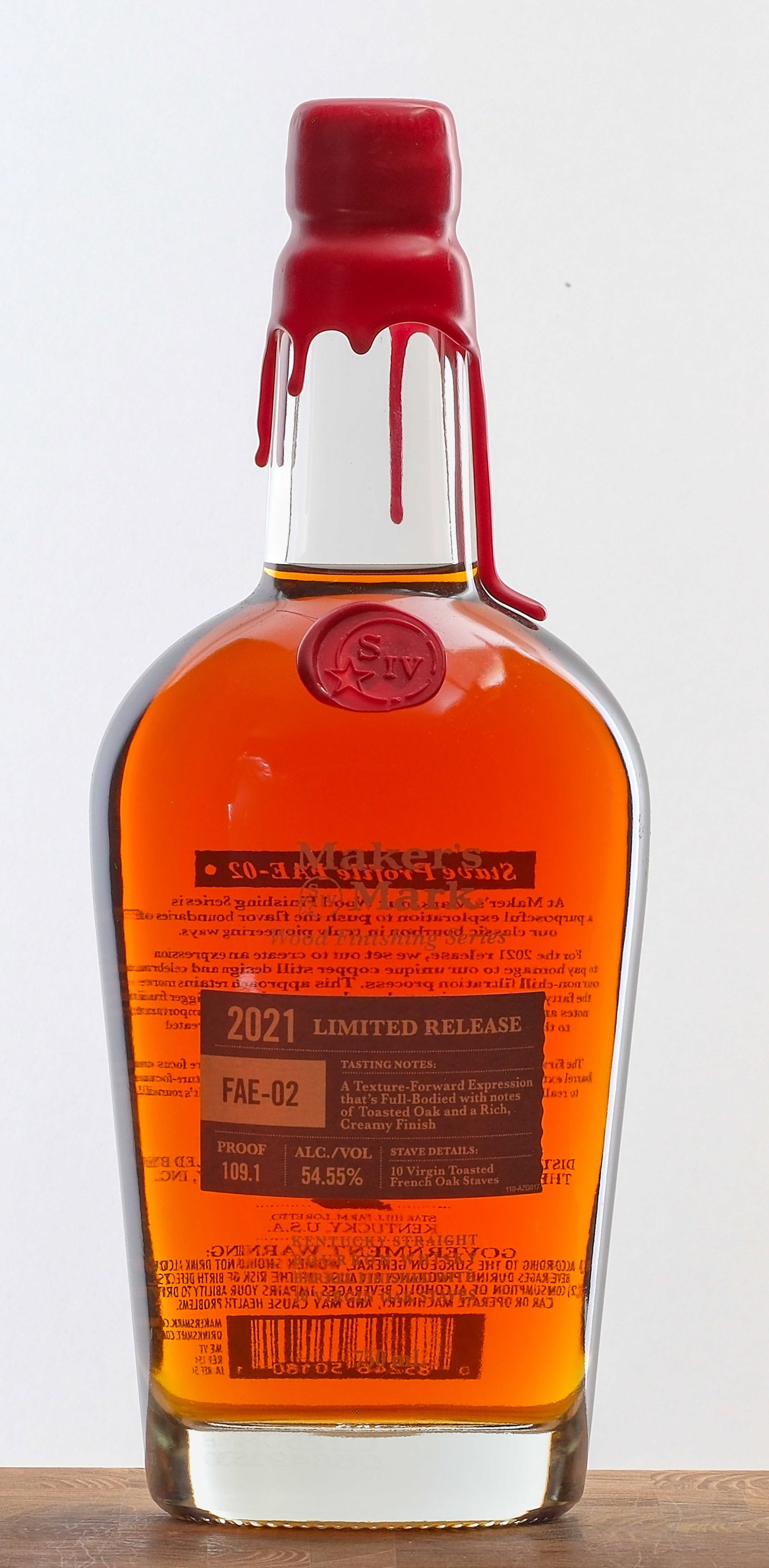 Maker's Mark Limited Release Kentucky Straight Bourbon 2021 FAE-02: 2021 Limited Release. Wood Finishing Series. Barrel finished with 10 virgin Oak staves. Stave profile FAE-02. 54.55% ALC/VOL (109.1 Proof). Wax seal and medallion intact. Labels excellent. 750ml. The 
